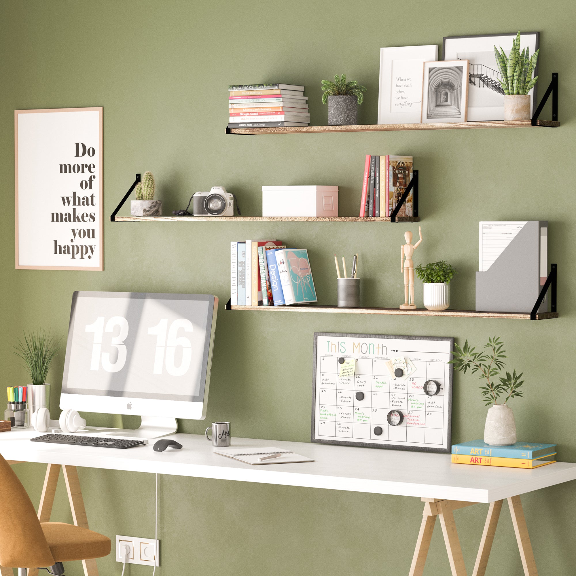 Home office decorated with burnt color office shelves above a desk, organized with books, plants, and personal items.