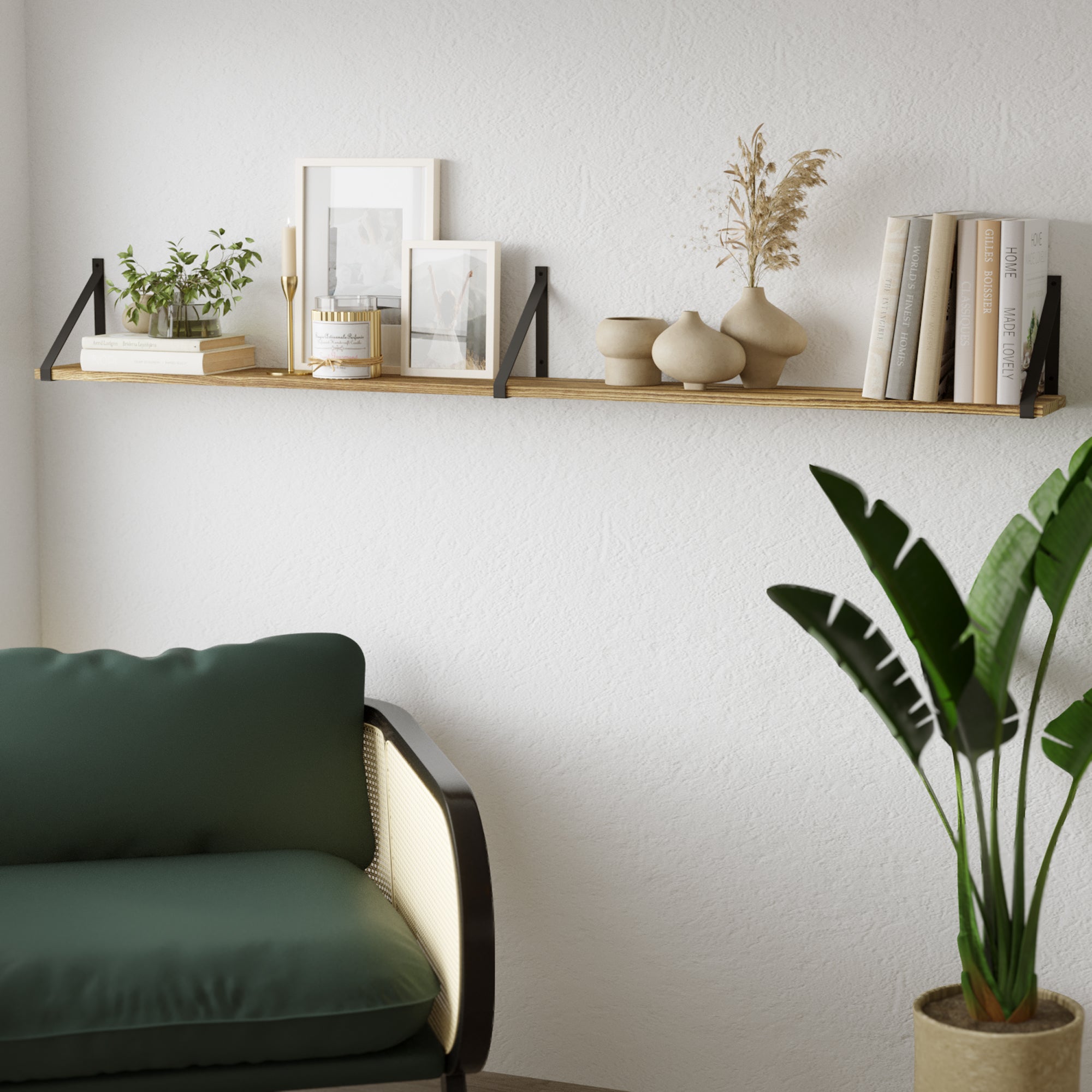 A floating bookshelf styled with books, potted greens, and desktop essentials, offering organized storage and a lively study vibe.
