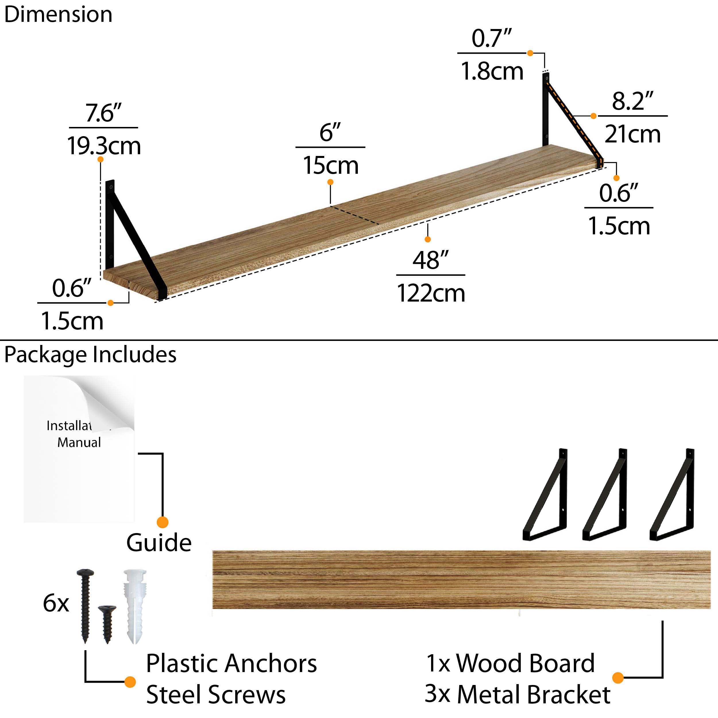 Detailed dimensions and installation guide for a 48 inch floating shelf with black metal brackets.