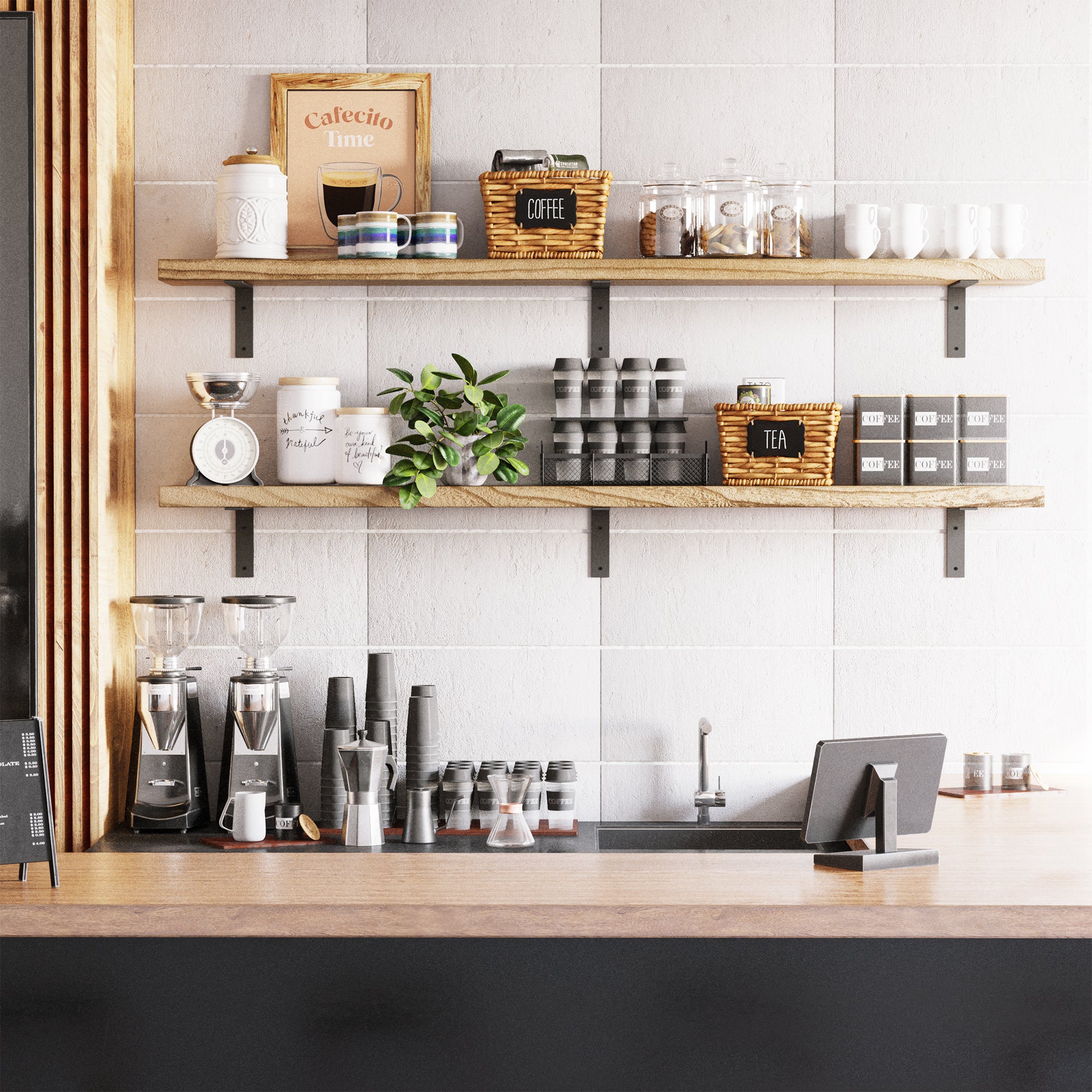 A shelf arrangement with storage shelves heavy duty burnt color ideal for coffee lovers, featuring coffee grinders, cups, and related accessories.