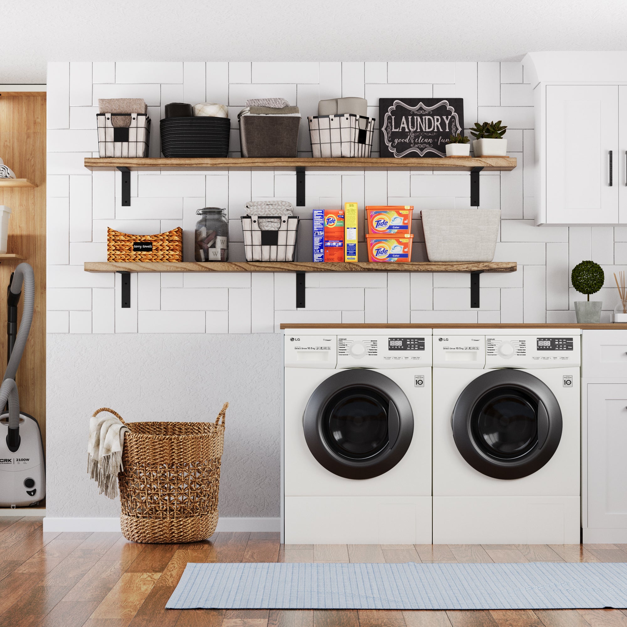 Well-organized laundry shelves with baskets, detergent, and decorative items for a tidy space.