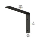 Black metal L-shaped heavy duty shelf bracket with dimensions 9.25"x6", perfect for book shelves.