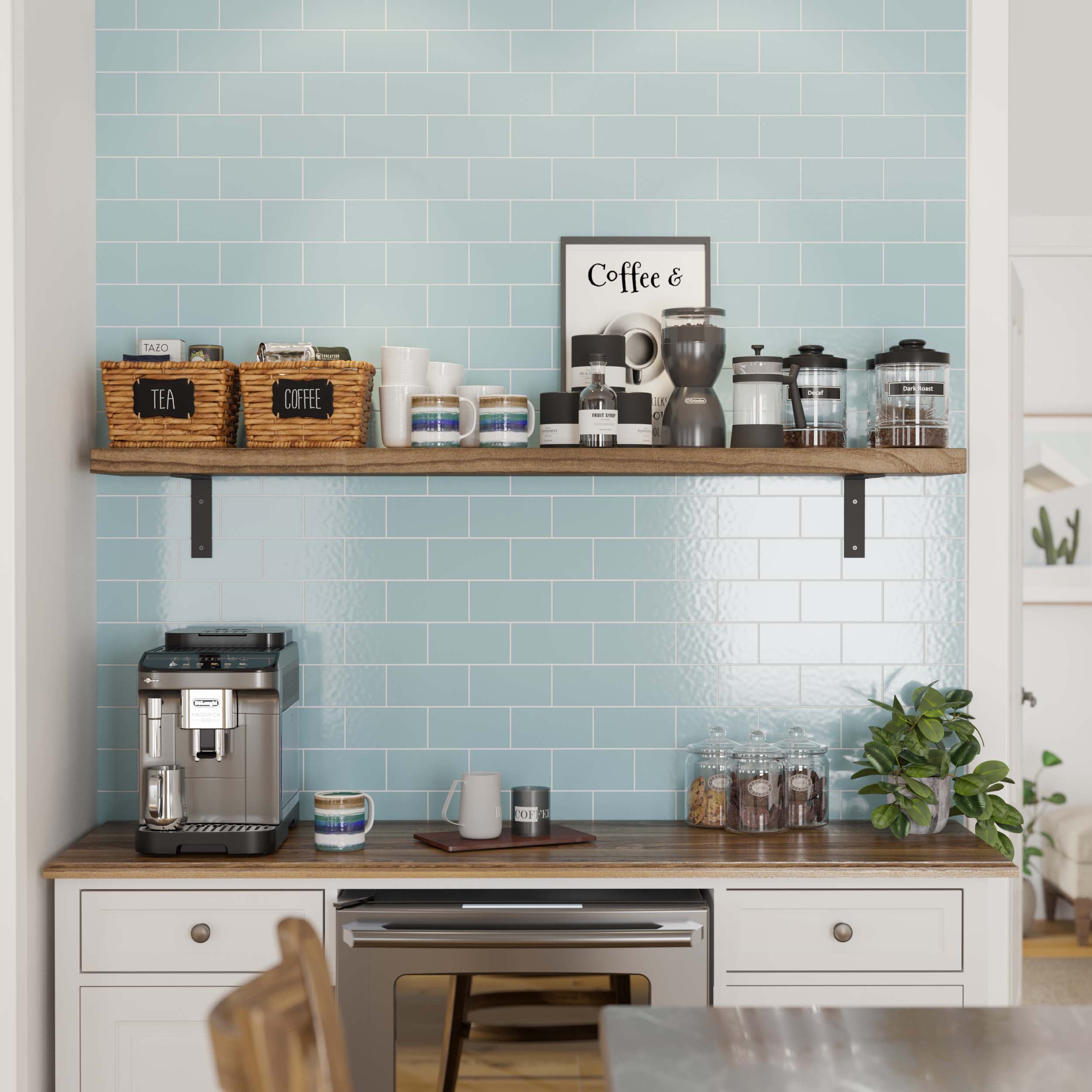 A cozy kitchen corner with a coffee station featuring a modern machine, mugs, and a shelving unit holding labeled baskets for tea and coffee, along with a plant.