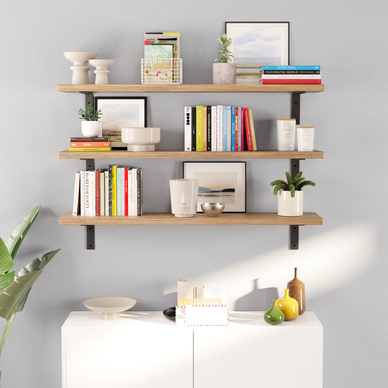 CERVO 48"x10" Rustic Wall Mounted Floating Shelves for Wall Decor, Wall Bookshelf for Living Room, Kitchen Wall Shelves - Set of 3 - Burnt