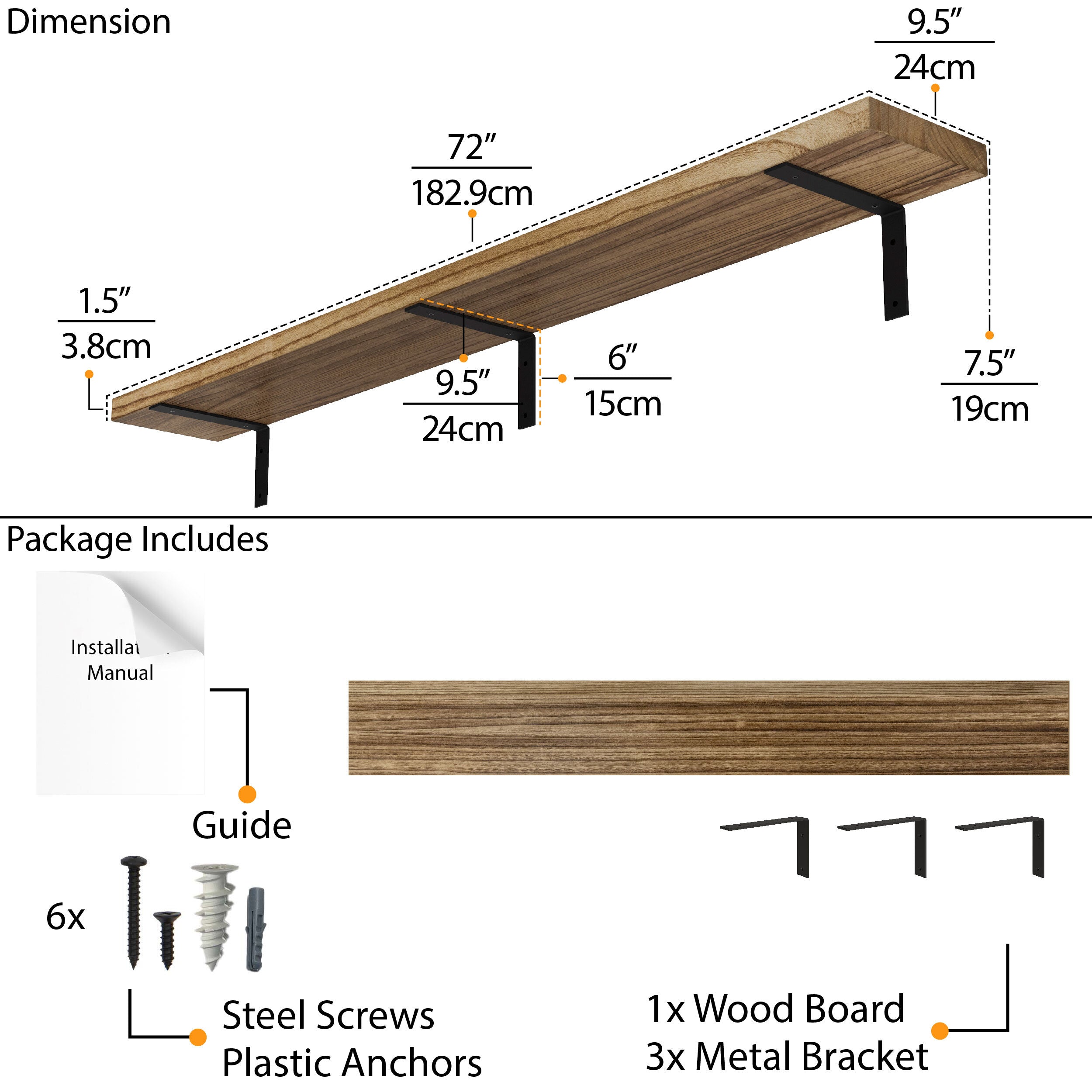 Diagram showing the dimensions and contents of a 72'' long floating shelf package, including a wood board, metal brackets, and installation hardware.