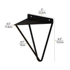 Dimensional diagram of a black triangular wall shelf bracket with measurements.
