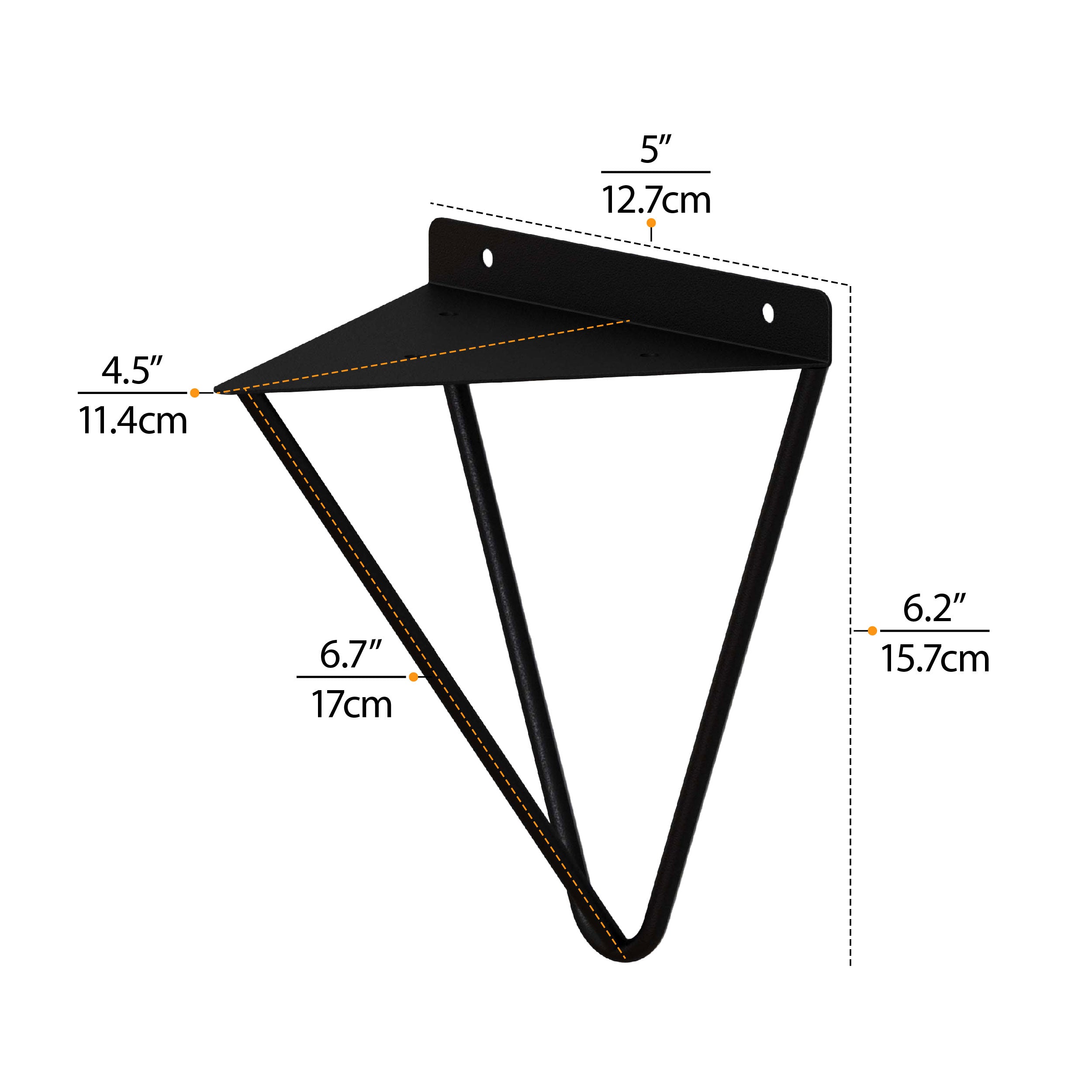 Dimensional diagram of a black triangular wall shelf bracket with measurements.