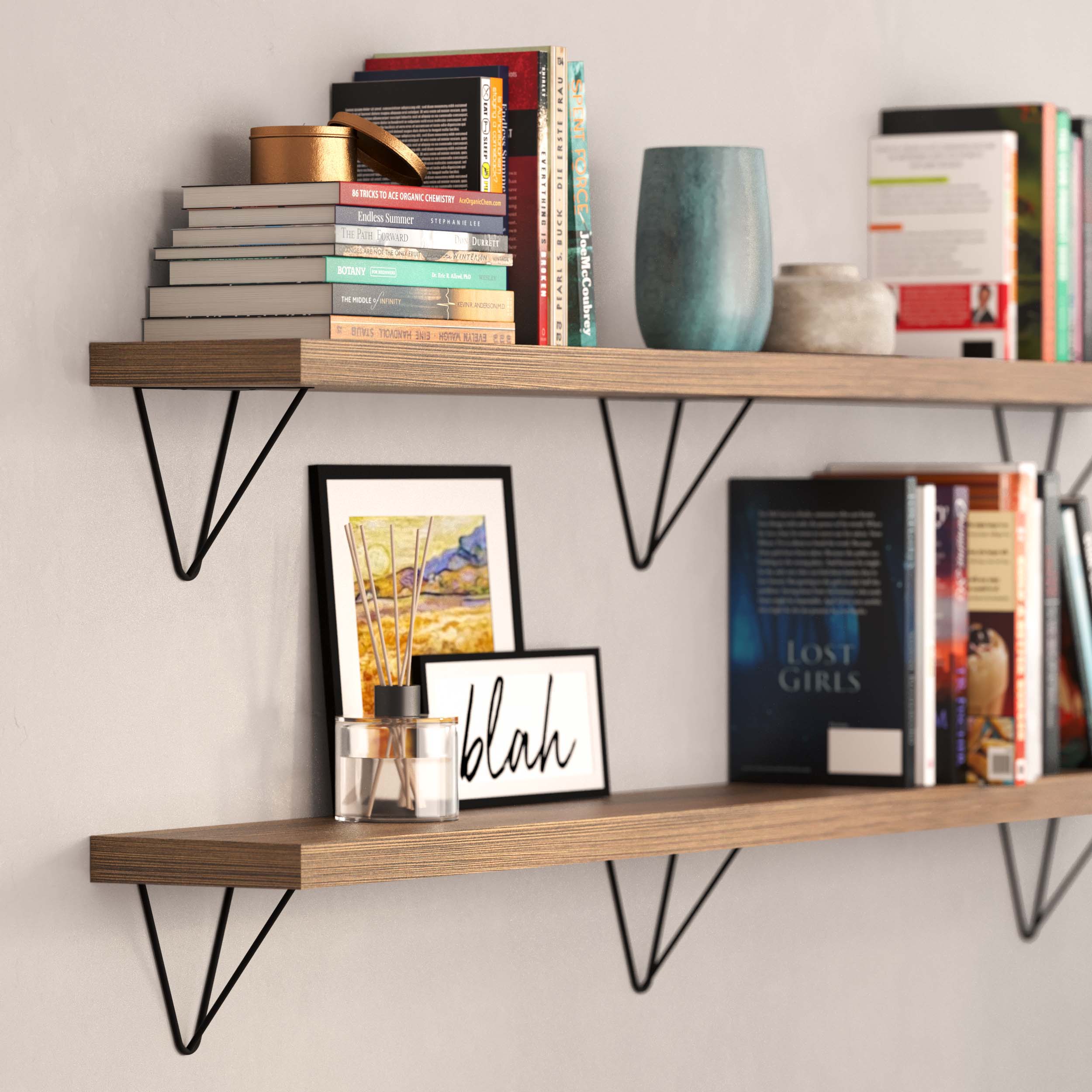 Close-up of long bookshelves supported by black triangular industrial brackets, displaying books and decor.