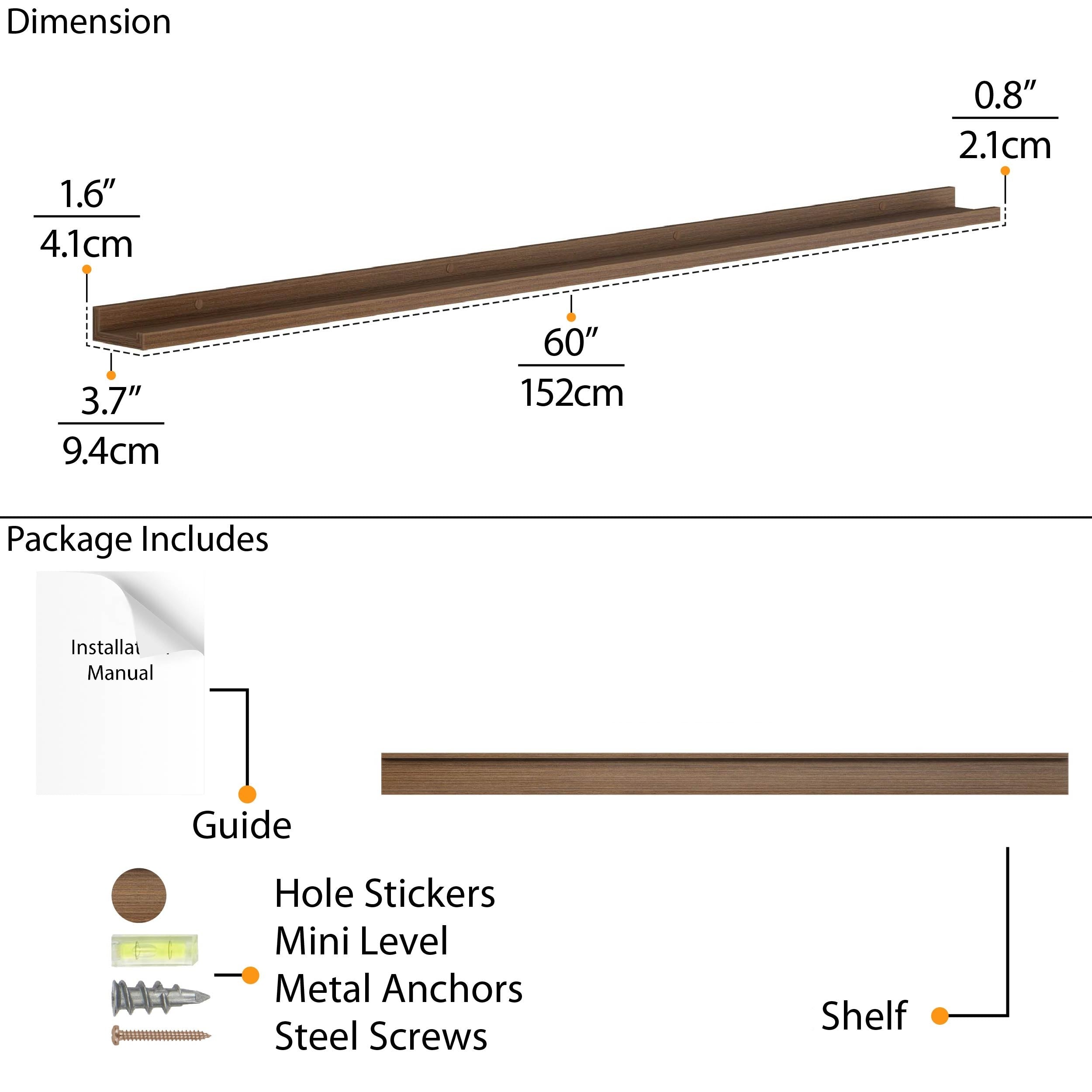 A 60" picture ledge shelf's dimensions and included installation accessories.