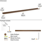 A diagram of a 72-inch walnut wall shelf with dimensions and a content list, including metal anchors and screws.