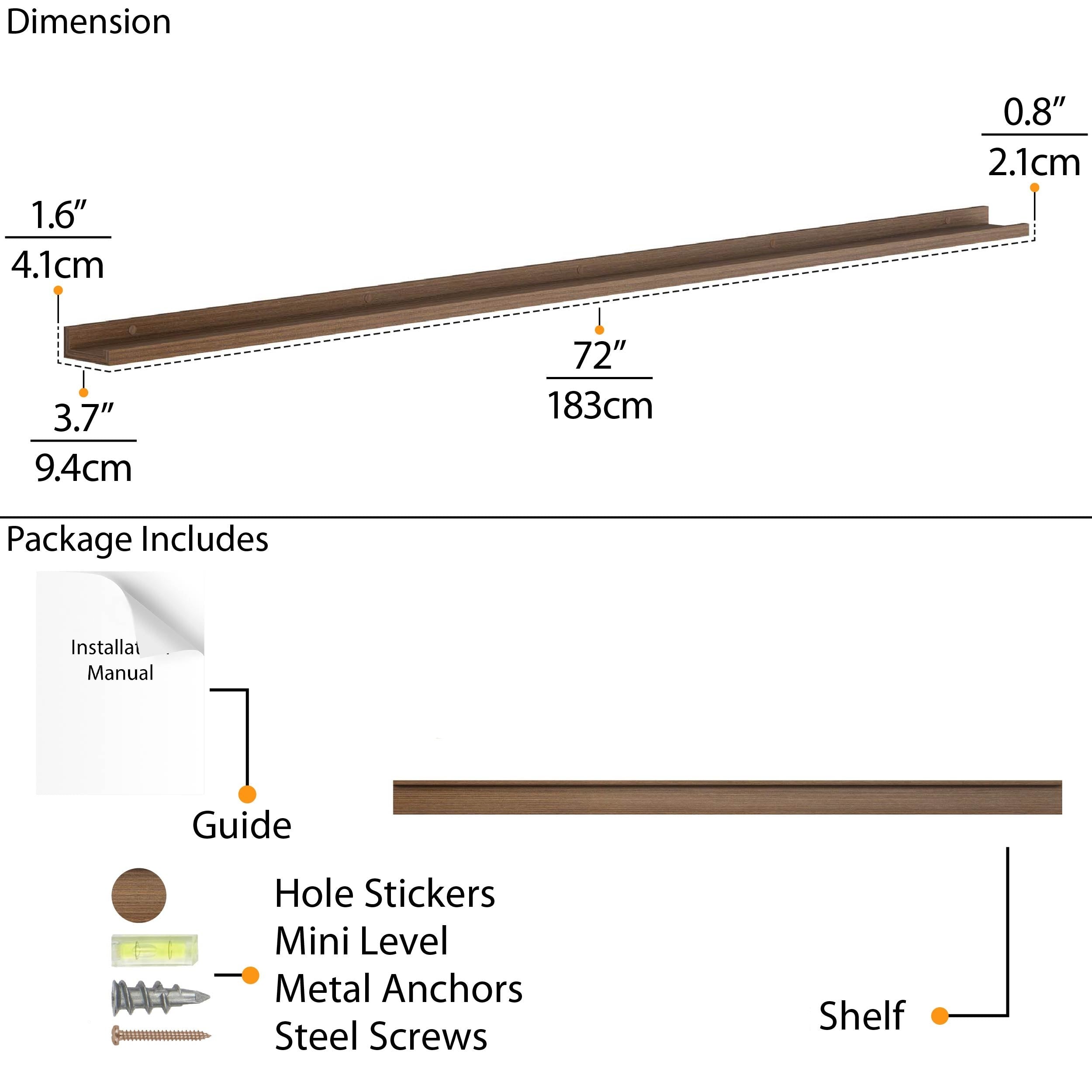 A diagram of a 72-inch walnut wall shelf with dimensions and a content list, including metal anchors and screws.