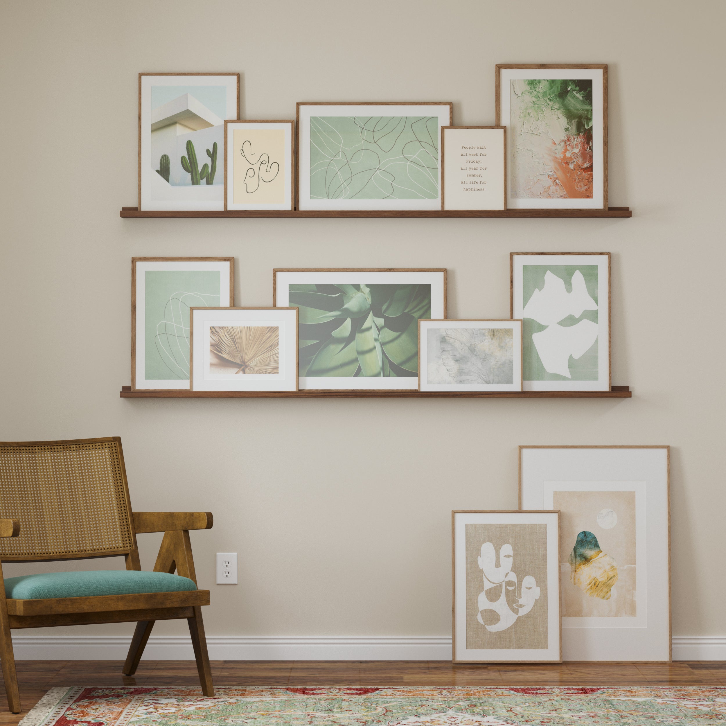 A serene reading nook with two walnut wall shelves, showcasing a collection of framed abstract and botanical art.