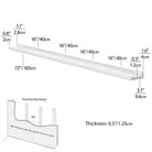 Dimensions of a 72'' white floating shelf with mounting details.