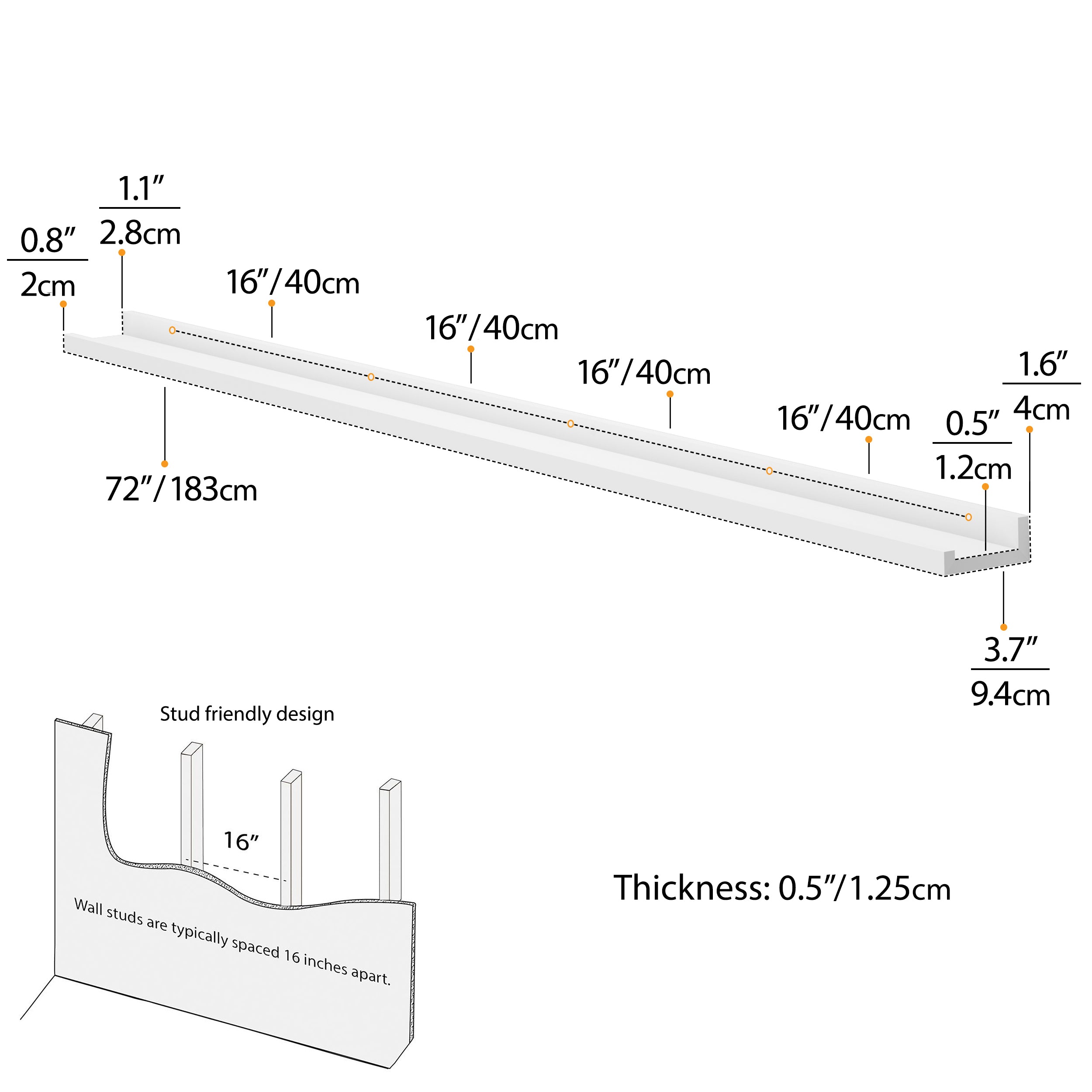 Dimensions of a 72'' white floating shelf with mounting details.