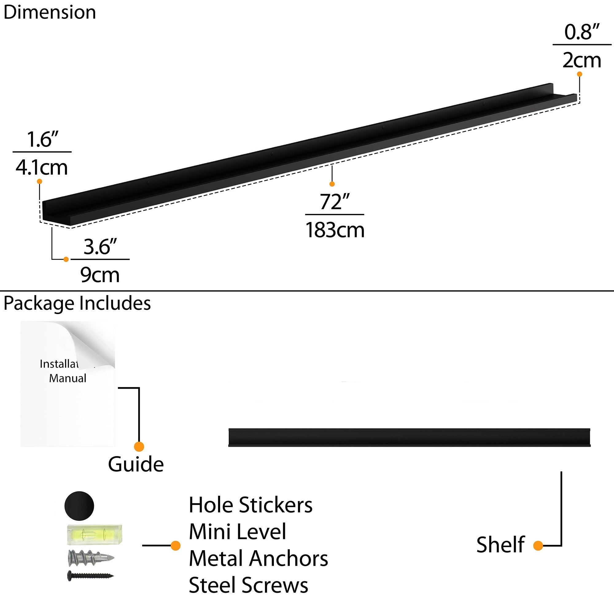 Technical specifications of a 72" black wooden wall shelf, including dimensions and components for installation.