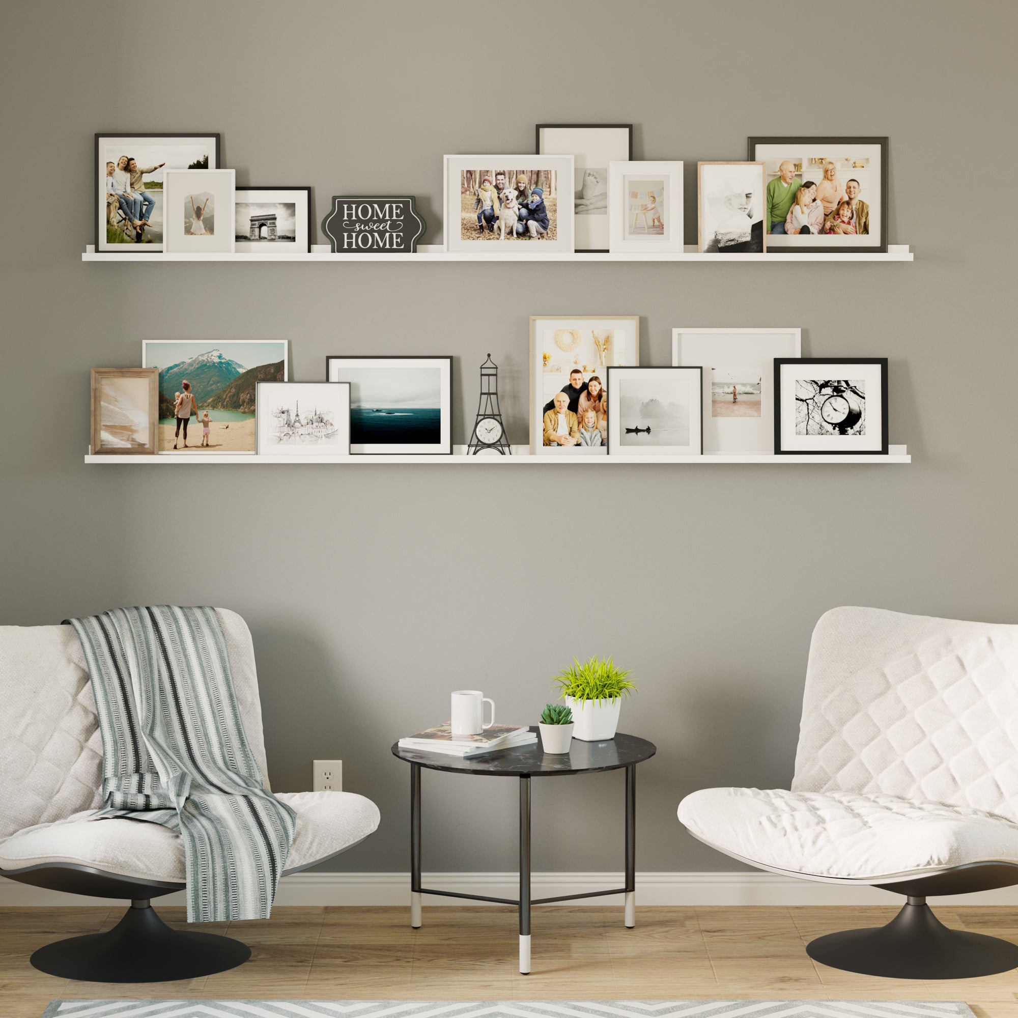 White shelves with various photo frames in a cozy room.