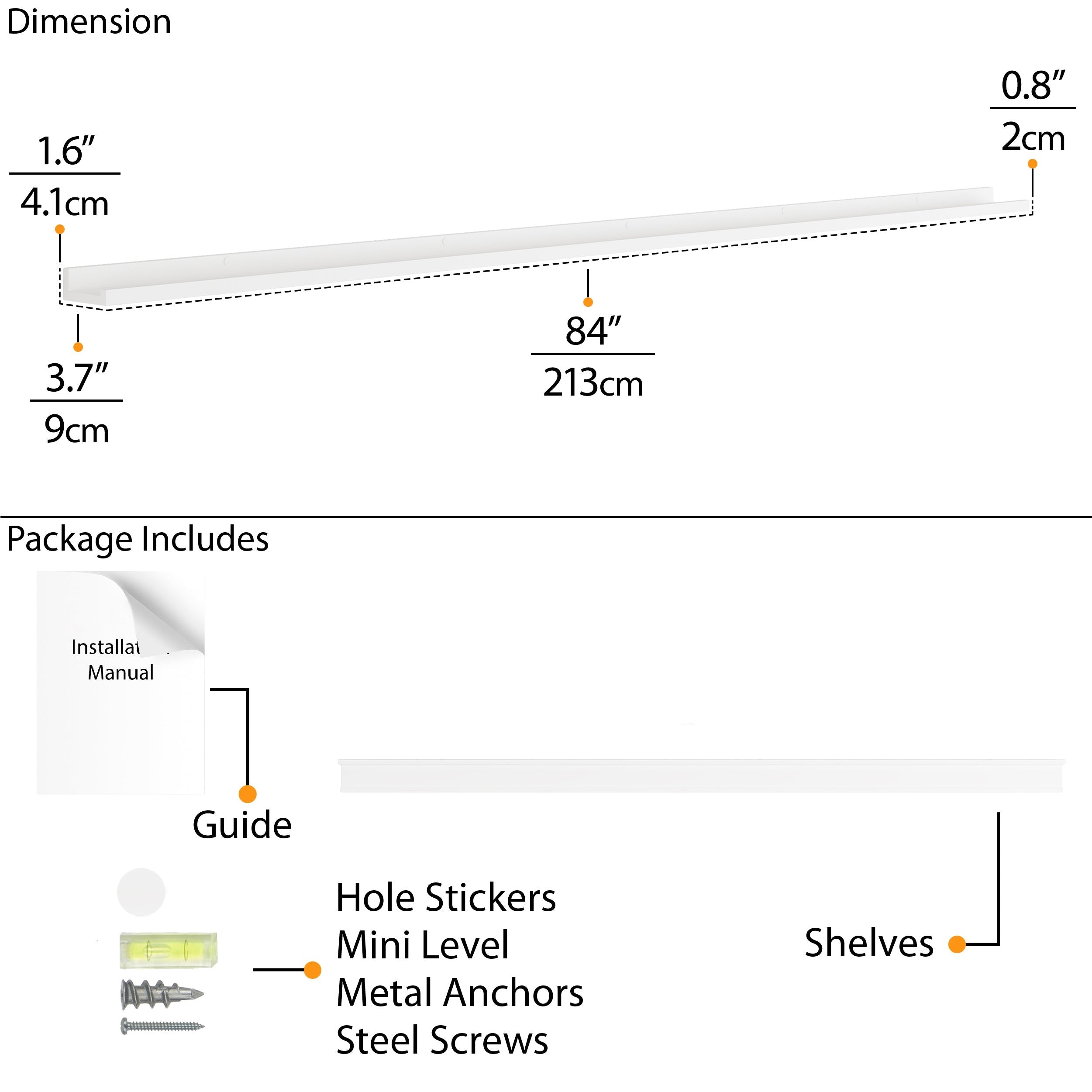 Diagram of 84'' shelf white dimensions and contents of installation package with tools and hardware.