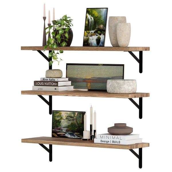 FORME 36"x10" Rustic Floating Shelves for Wall Storage, Wall Bookshelf Living Room, Wall Shelves for Kitchen - Set of 3 - Burnt