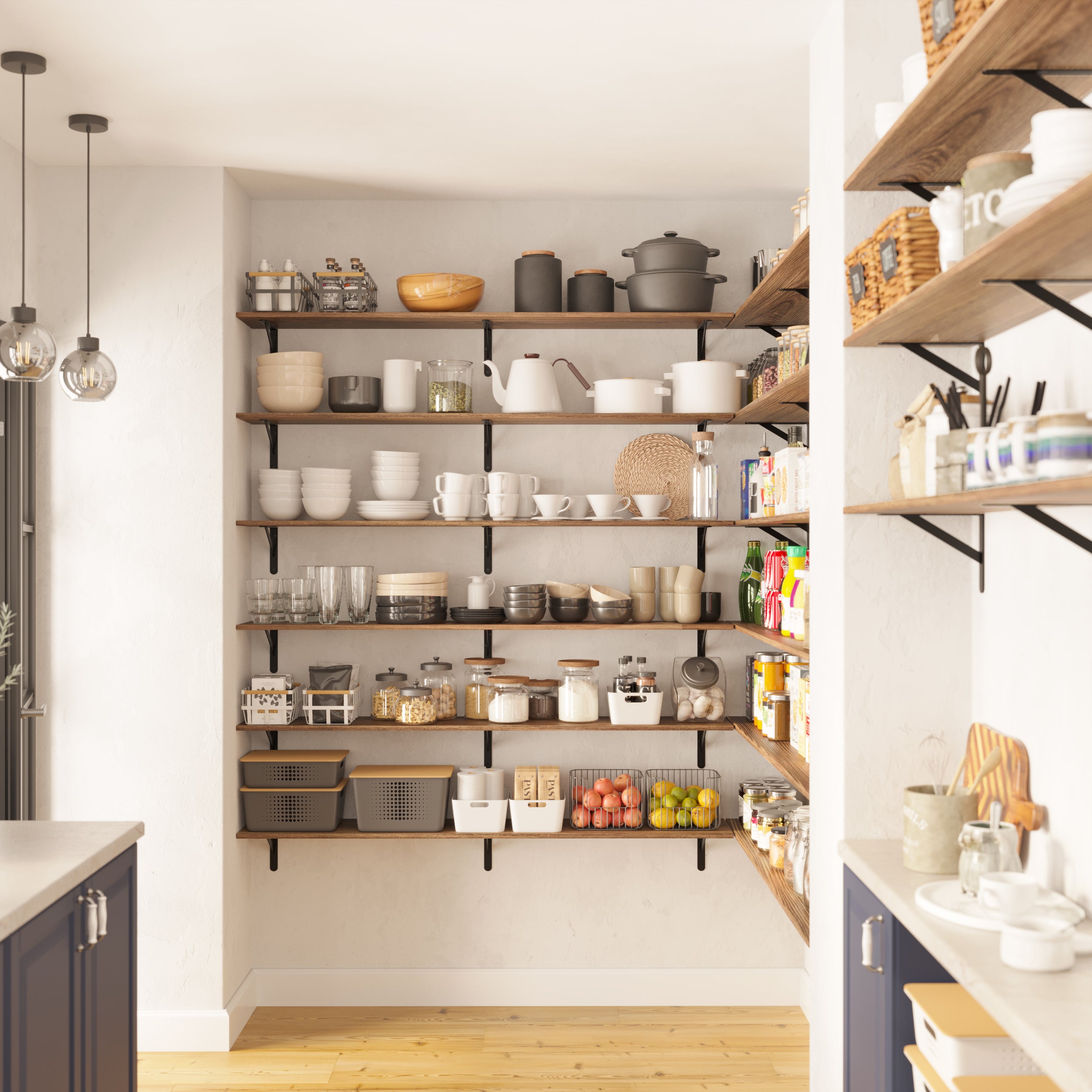 A well-organized pantry with multiple rustic display shelves holding bowls, jars, and containers, offering both style and functionality to the kitchen.