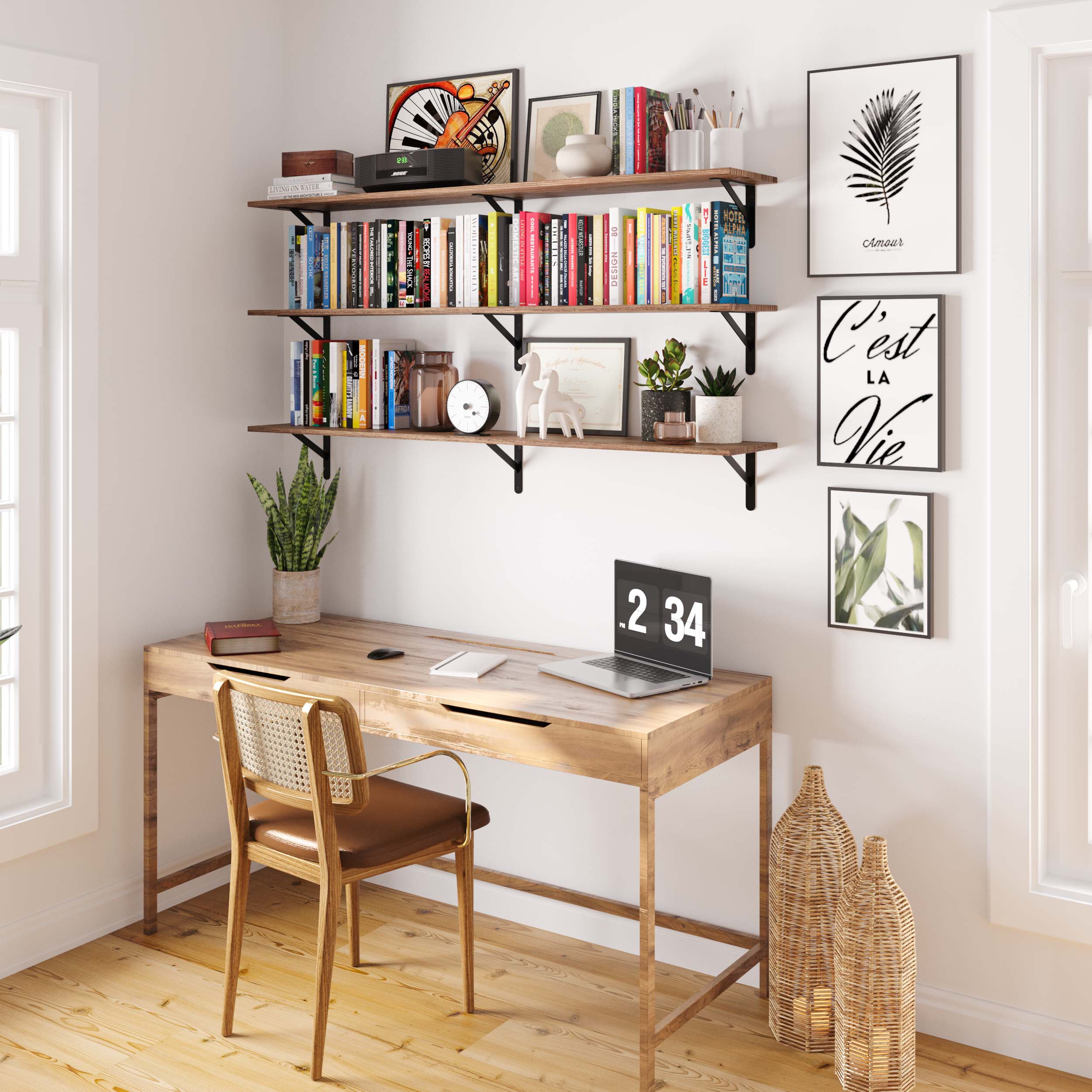 A stylish home office setup with floating office shelves above a desk, decorated with books, plants, and framed art, creating a productive yet cozy environment.