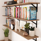 Three wooden floating shelves filled with books, small plants, and decorative items, ideal for adding character to any wall.