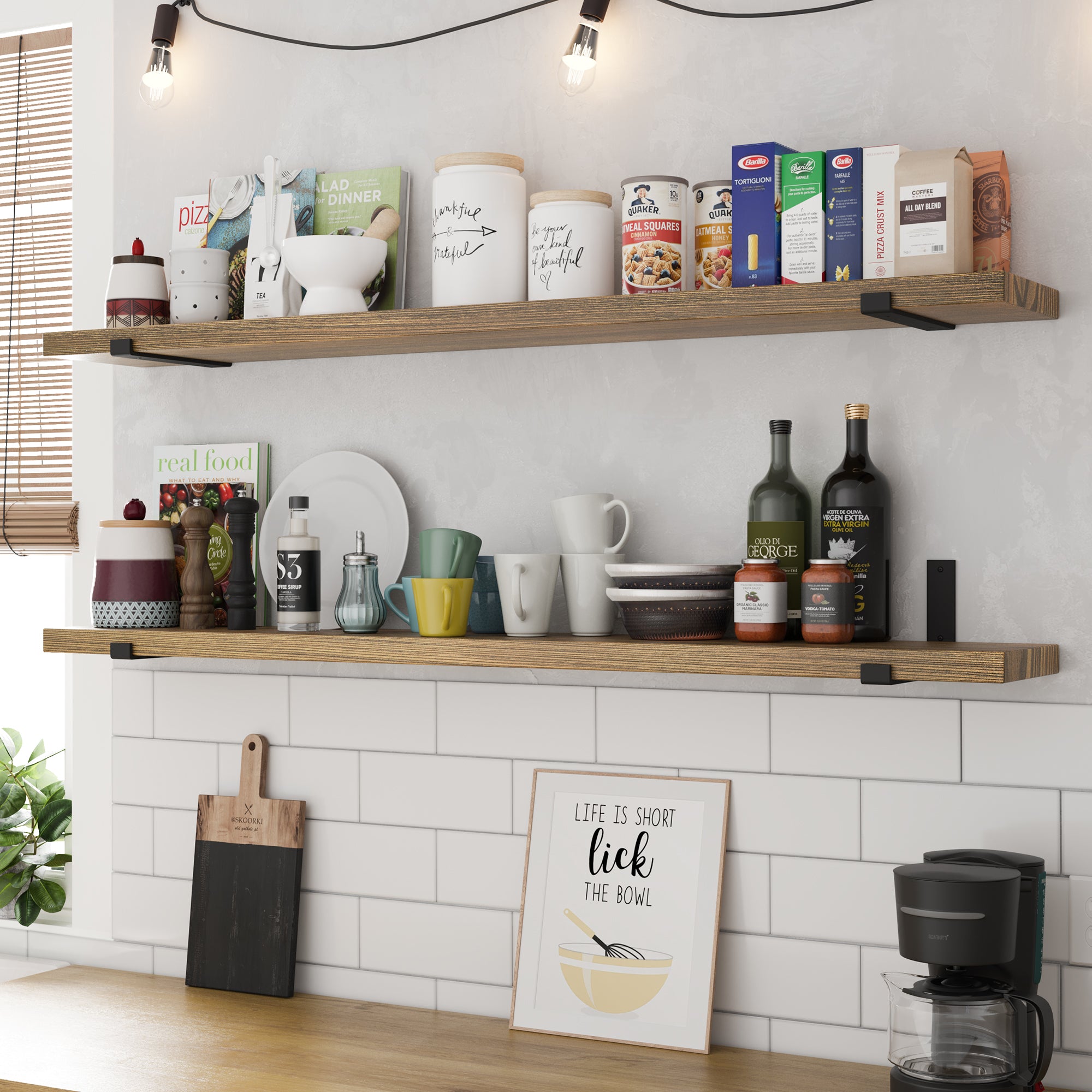 Kitchen shelf filled with various foods and utensils, featuring a white subway tile backdrop, offering a lively and practical space.