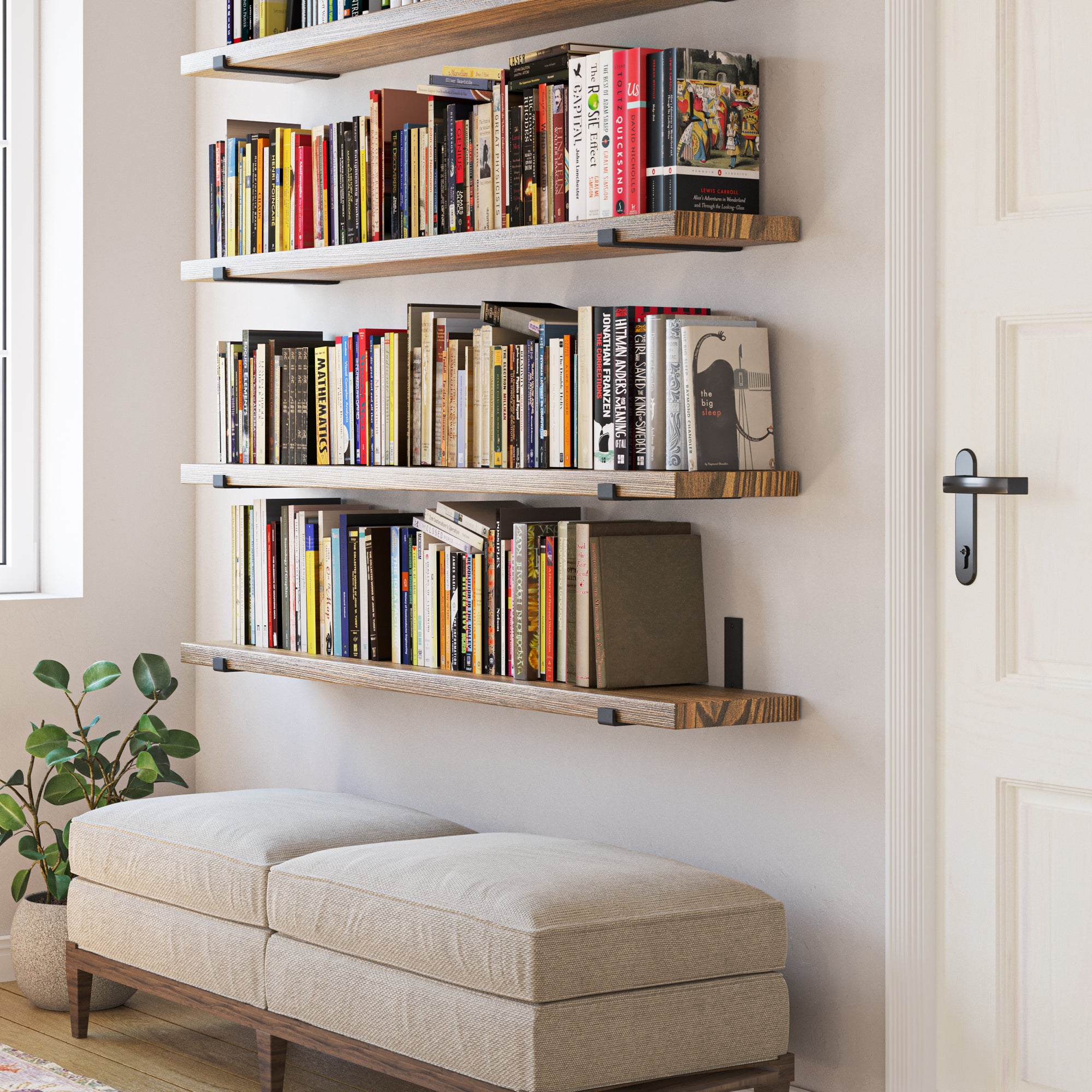 Wall of floating bookshelves in a cozy reading nook, densely packed with a colorful array of books, enhancing a warm, inviting atmosphere.