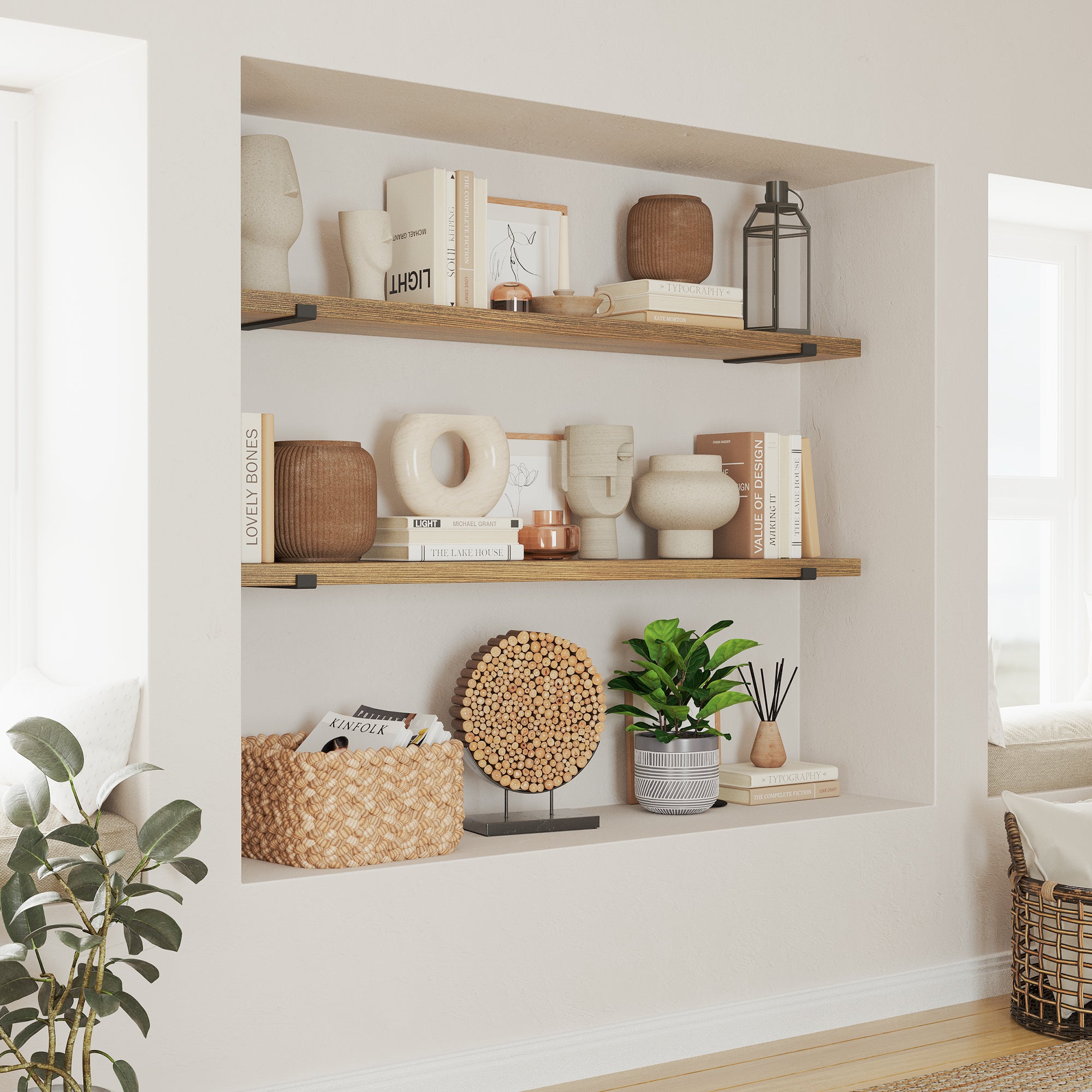 Stylish hanging shelves burnt displaying a collection of books, vases, and decorative items, arranged neatly within a recessed wall nook.