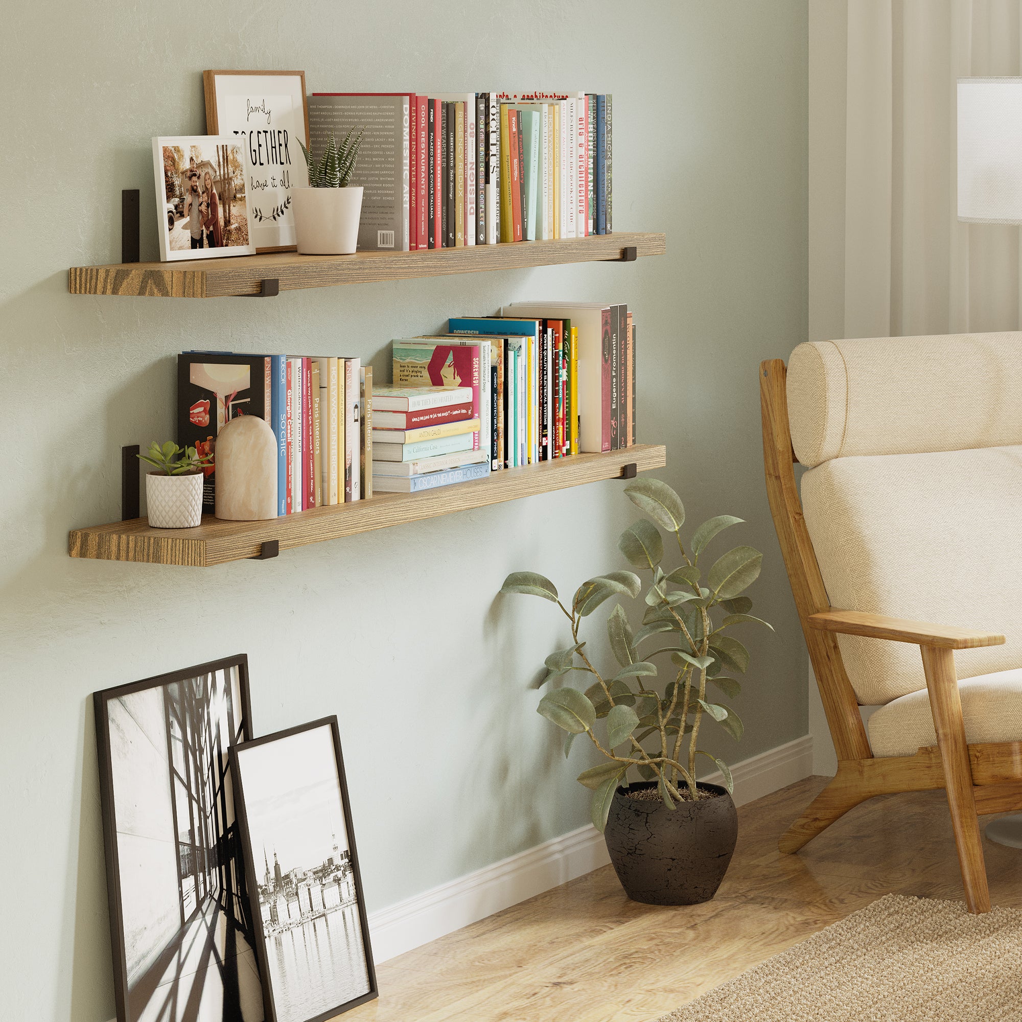 Shelves for wall against a textured wall filled with books, plants, and framed photos, creating a cozy and literary corner.