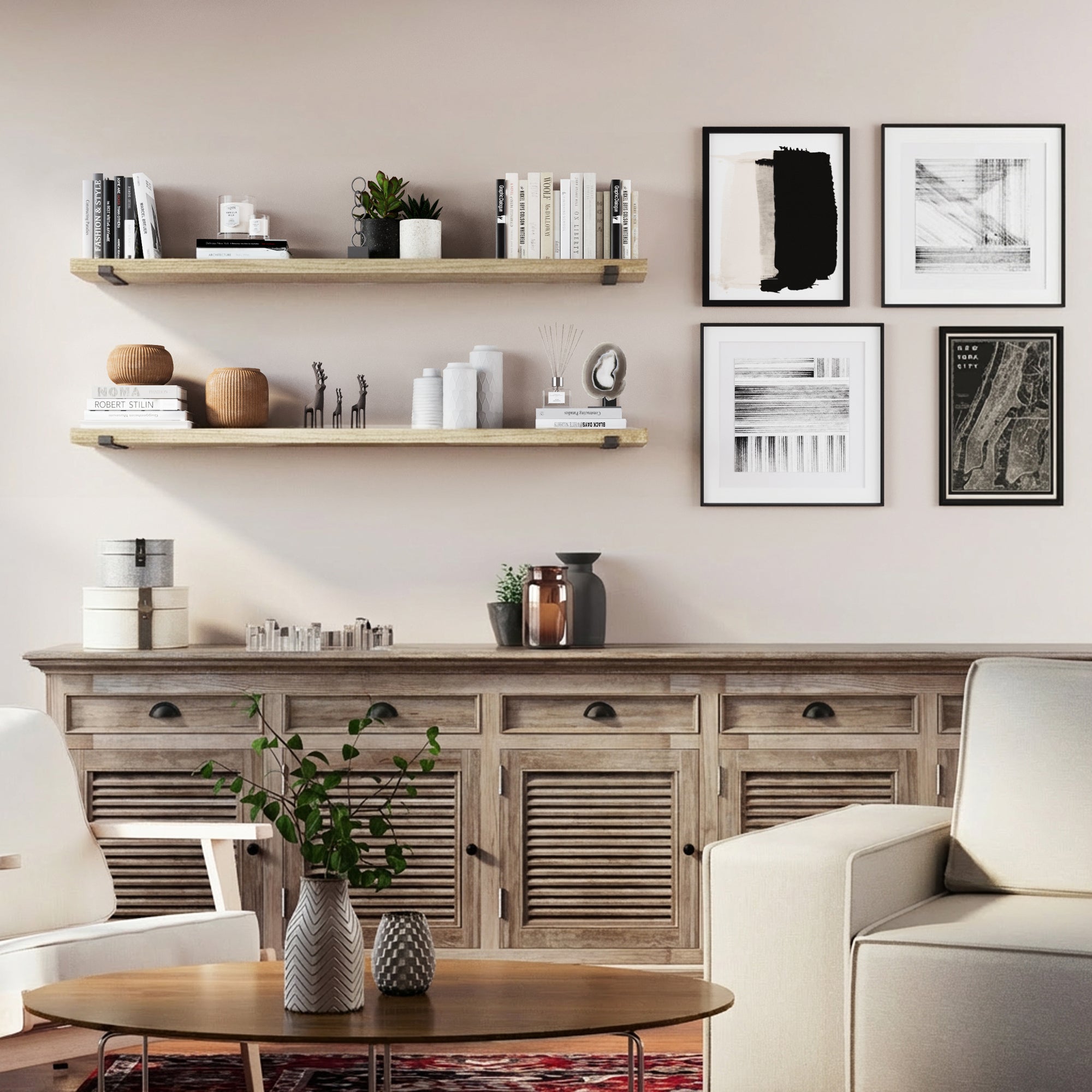 Two natural living room storage shelves above a wooden console. Decorated with books and ceramics, adding warmth and balance to a modern living room setup.
