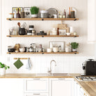 Spacious long rustic shelves hold jars, dishes, and herbs, transforming your kitchen into an organized, chic space with plenty of storage.