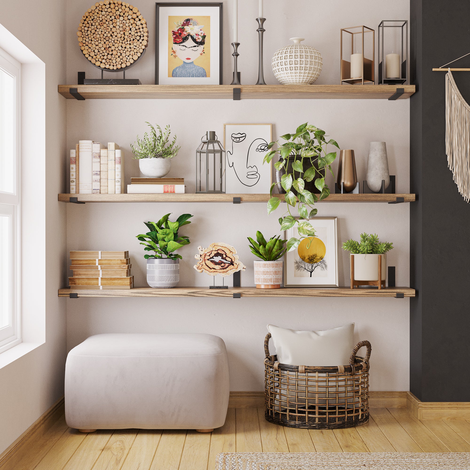 Wooden shelves living room discount