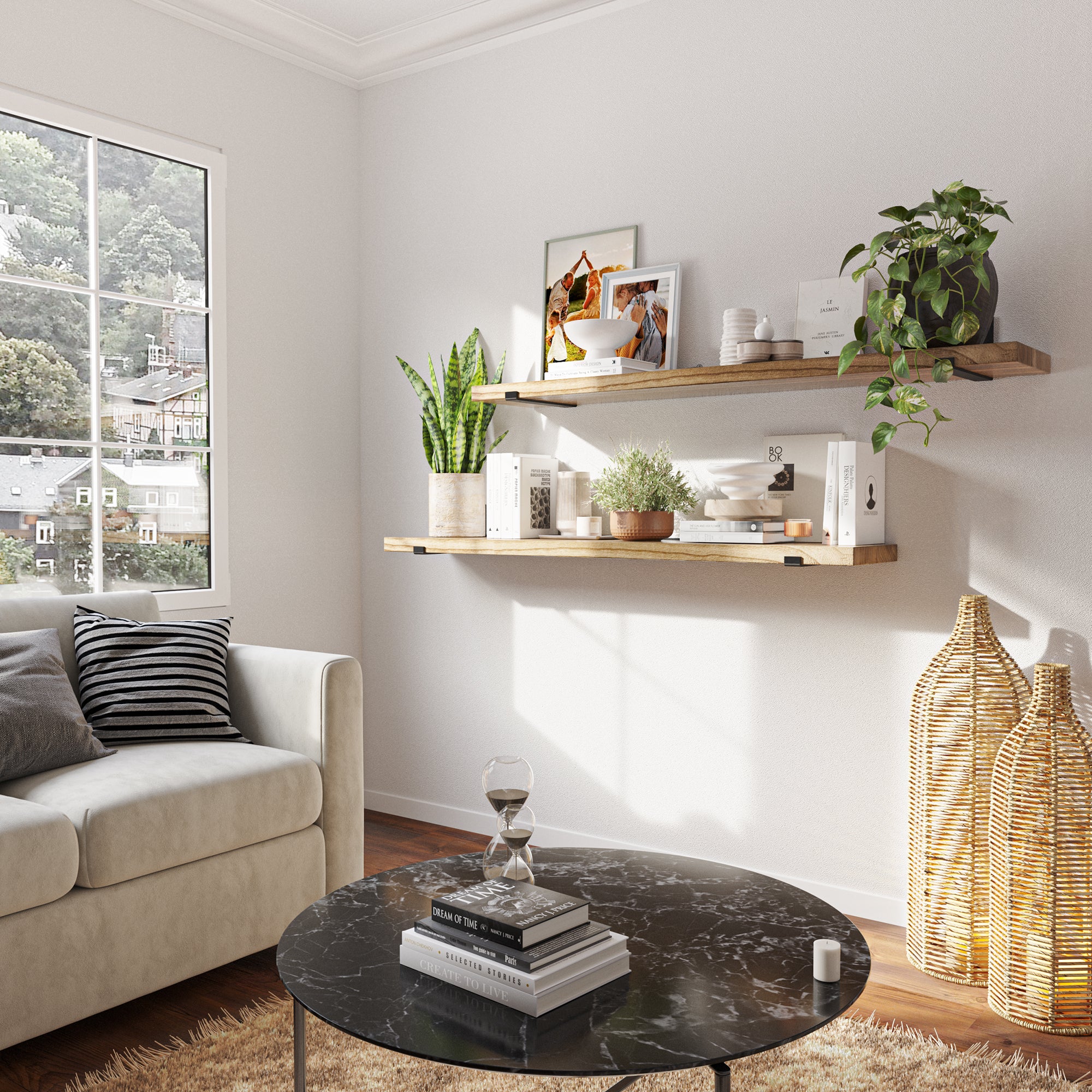 Rustic wall book shelves display plants, books, and decor against a bright living room wall, adding warmth and a natural feel to the cozy seating area.