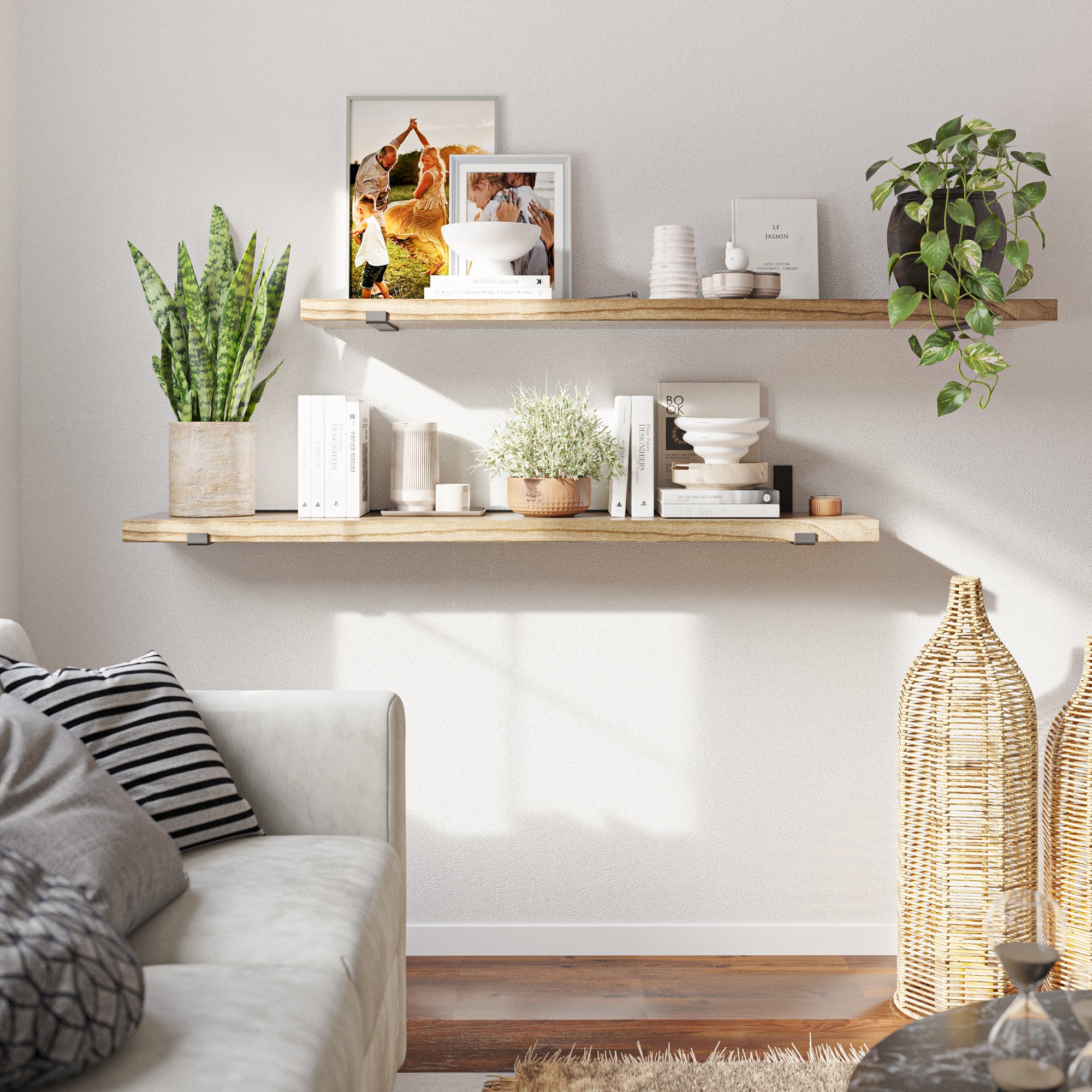Two display shelves adorned with books, potted plants, and frames. Positioned above a couch, offering a cozy and decorative addition to the living room.