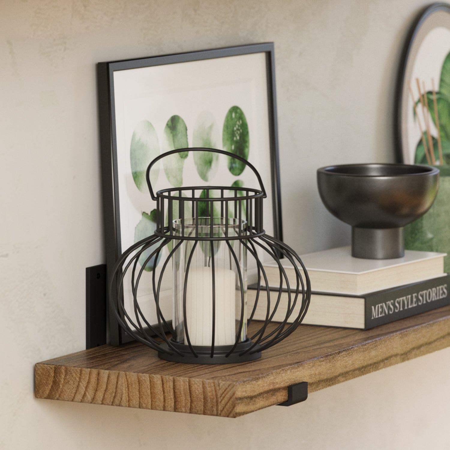 A decorative setup on a rustic book shelf, featuring a black wire candleholder, books, and artistic frames. Highlights a detailed, rustic design suitable for modern interiors.