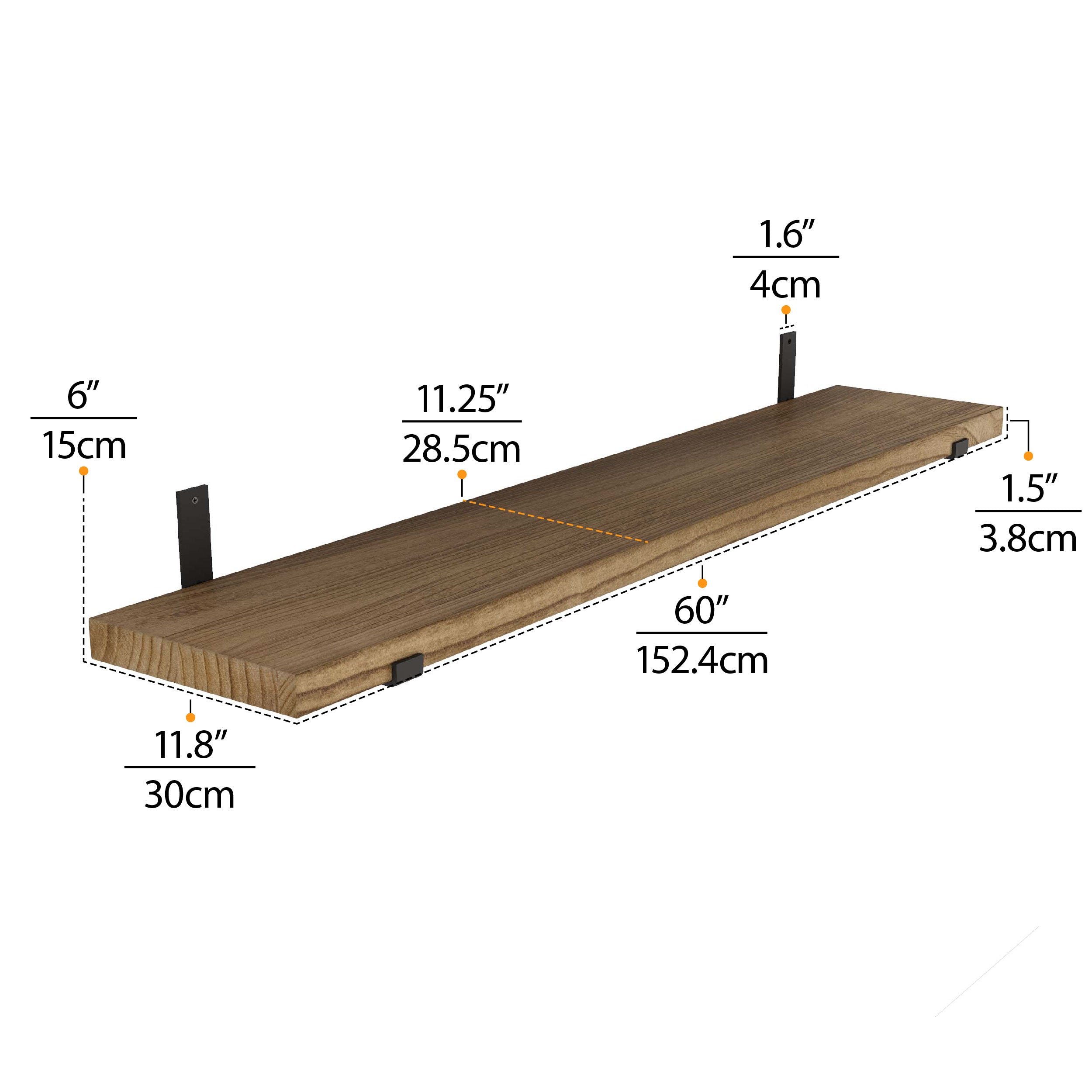 Dimensions of a 60'' burnt wooden shelf with mounting bracket placement.