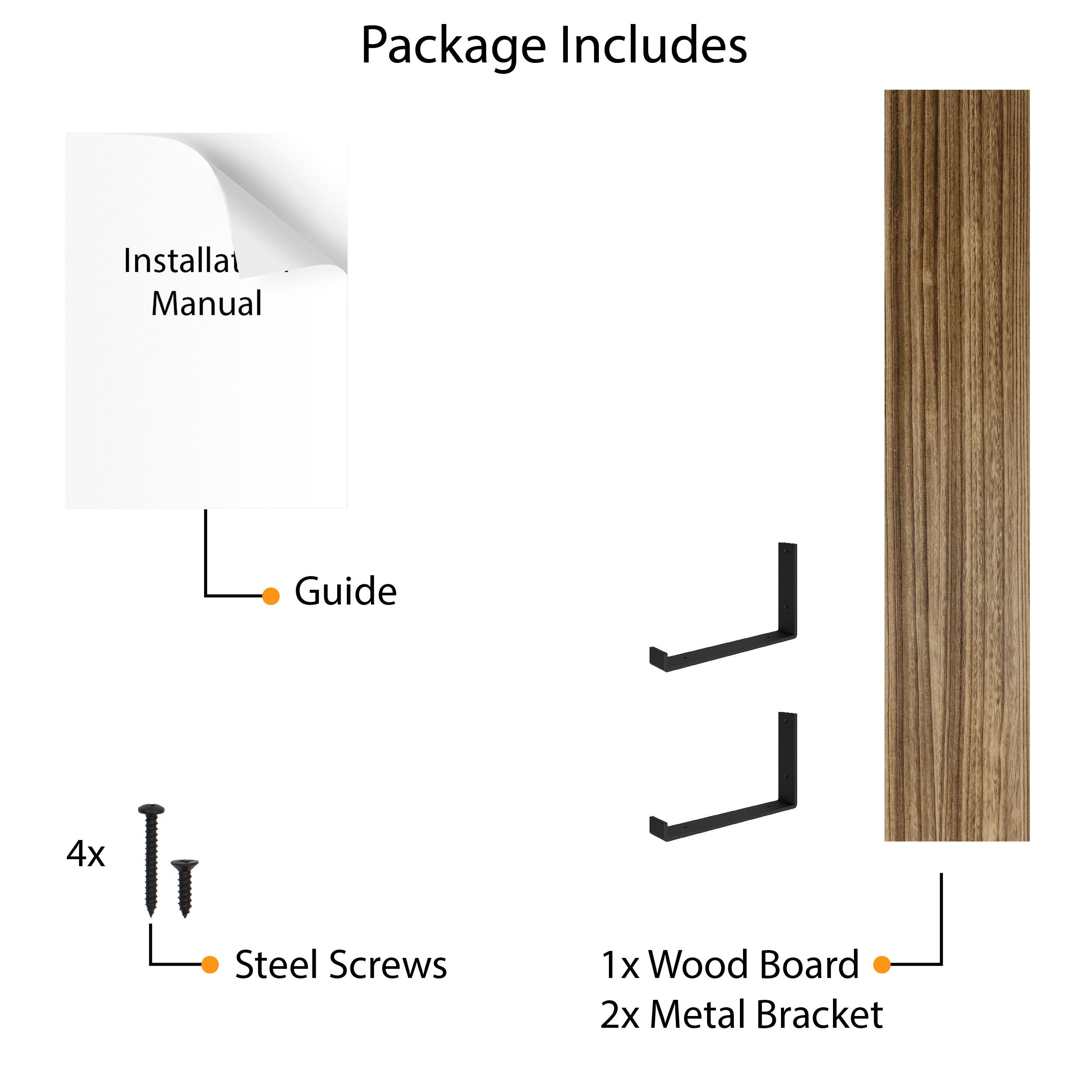 Burnt floating shelf contents: manual, wood board, brackets, screws.