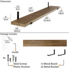 Detailed diagram showing the dimensions and components of an 60'' floating shelf burnt package, including screws and brackets for installation.