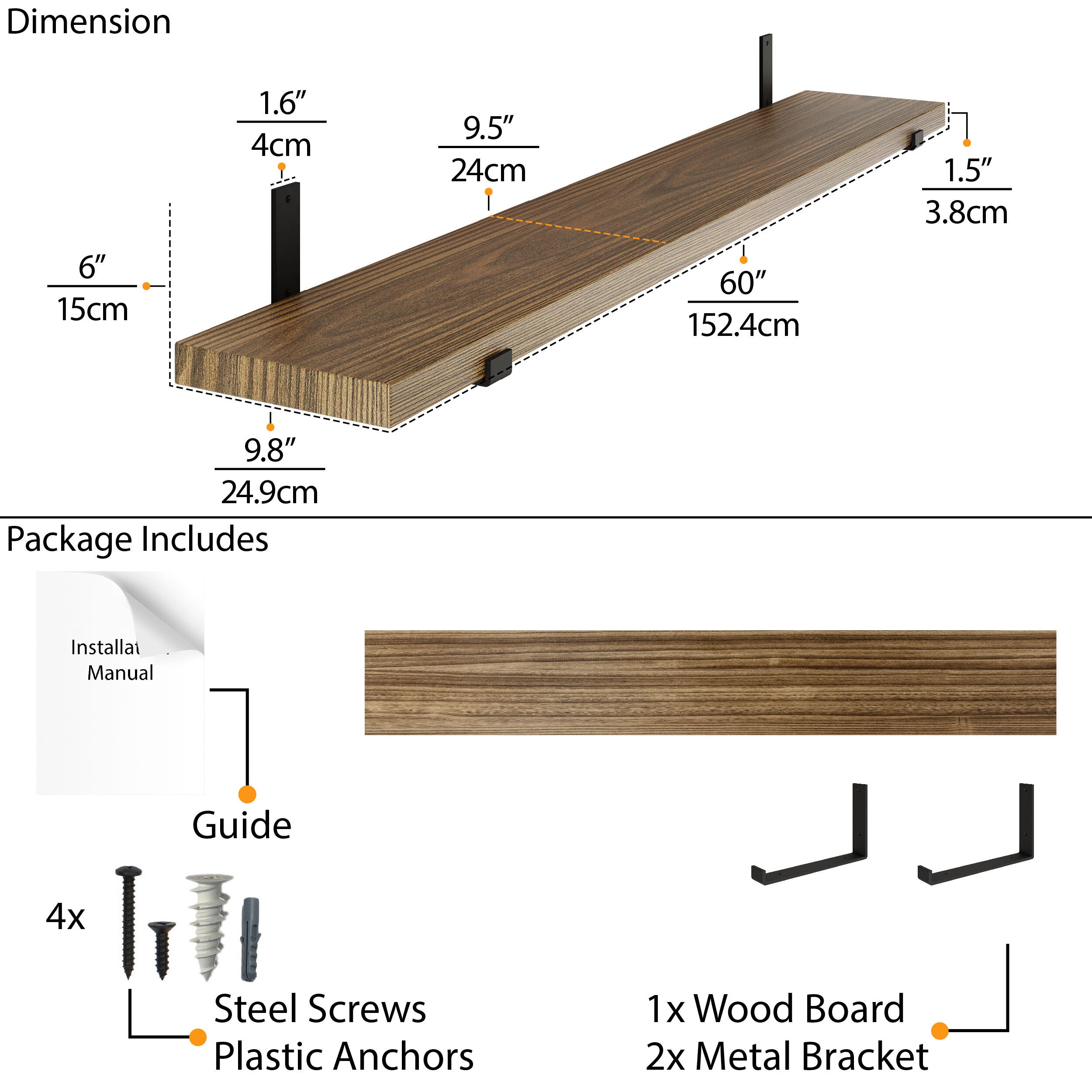 Detailed diagram showing the dimensions and components of an 60'' floating shelf burnt package, including screws and brackets for installation.