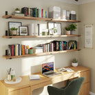 Triple  office storage shelves in a home office hold books, files, and decor, providing organization and style for a productive workspace.