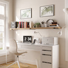 A single wooden shelf over a black desk, styled with books, office supplies, and lush green plants, creating an organized workspace.