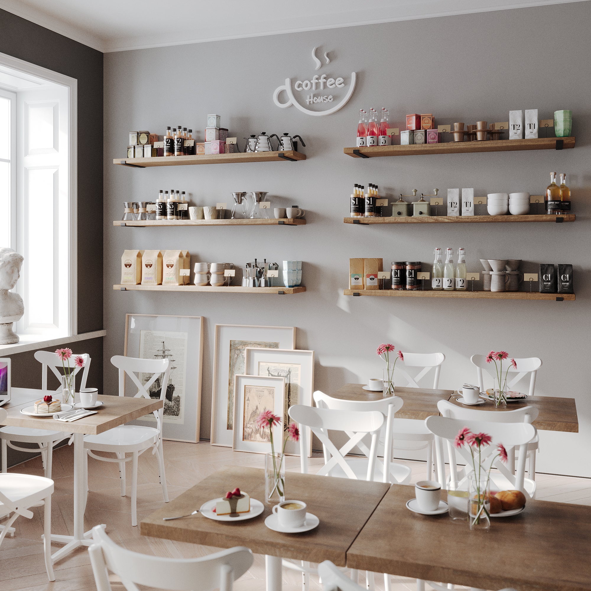A cozy coffee shop with hanging book shelves holding coffee products, mugs, and decor. White chairs and wooden tables are decorated with pink flowers and pastries, creating a warm, inviting ambiance with natural light.