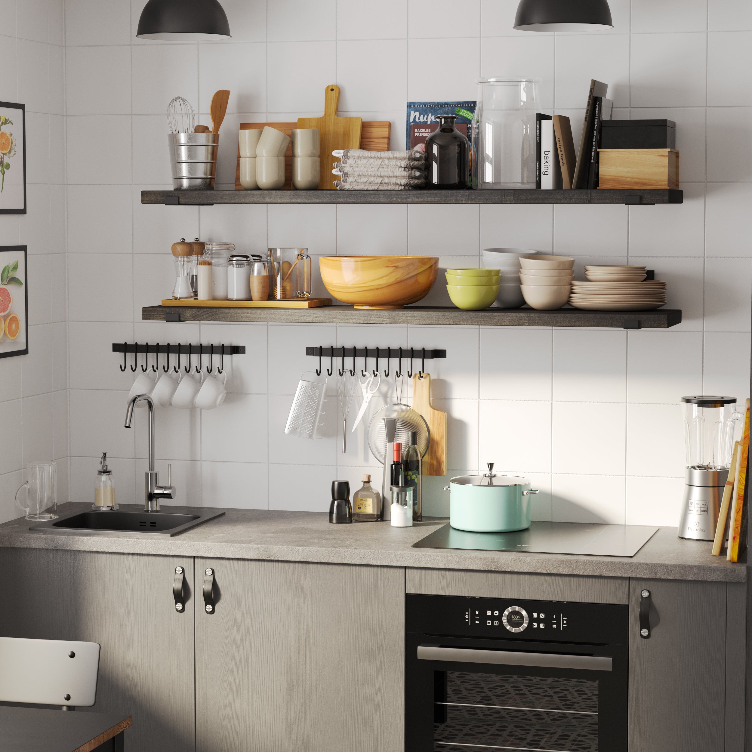 A modern kitchen with 60 Inch long kitchen storage shelves in rich ebony custom finish holding bowls, jars, and utensils. A tiled backsplash features hooks for mugs and tools. Below, a sleek countertop has a sink, stovetop, and oven, creating a functional workspace.