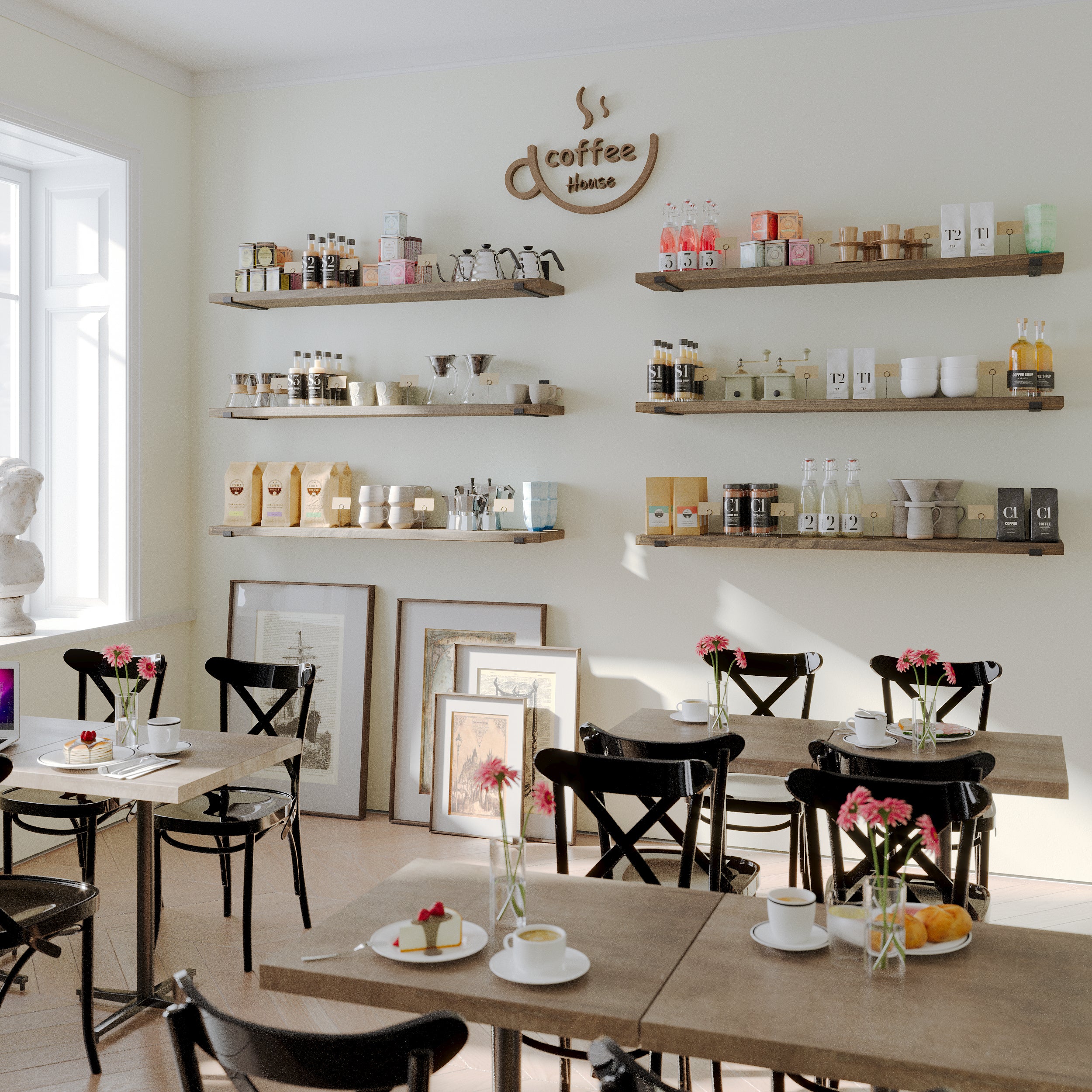 A charming coffee shop featuring six bar coffee shelves  displaying coffee beans, cups, and accessories. Tables with black chairs are adorned with pink flowers and coffee setups, creating a cozy, inviting atmosphere.