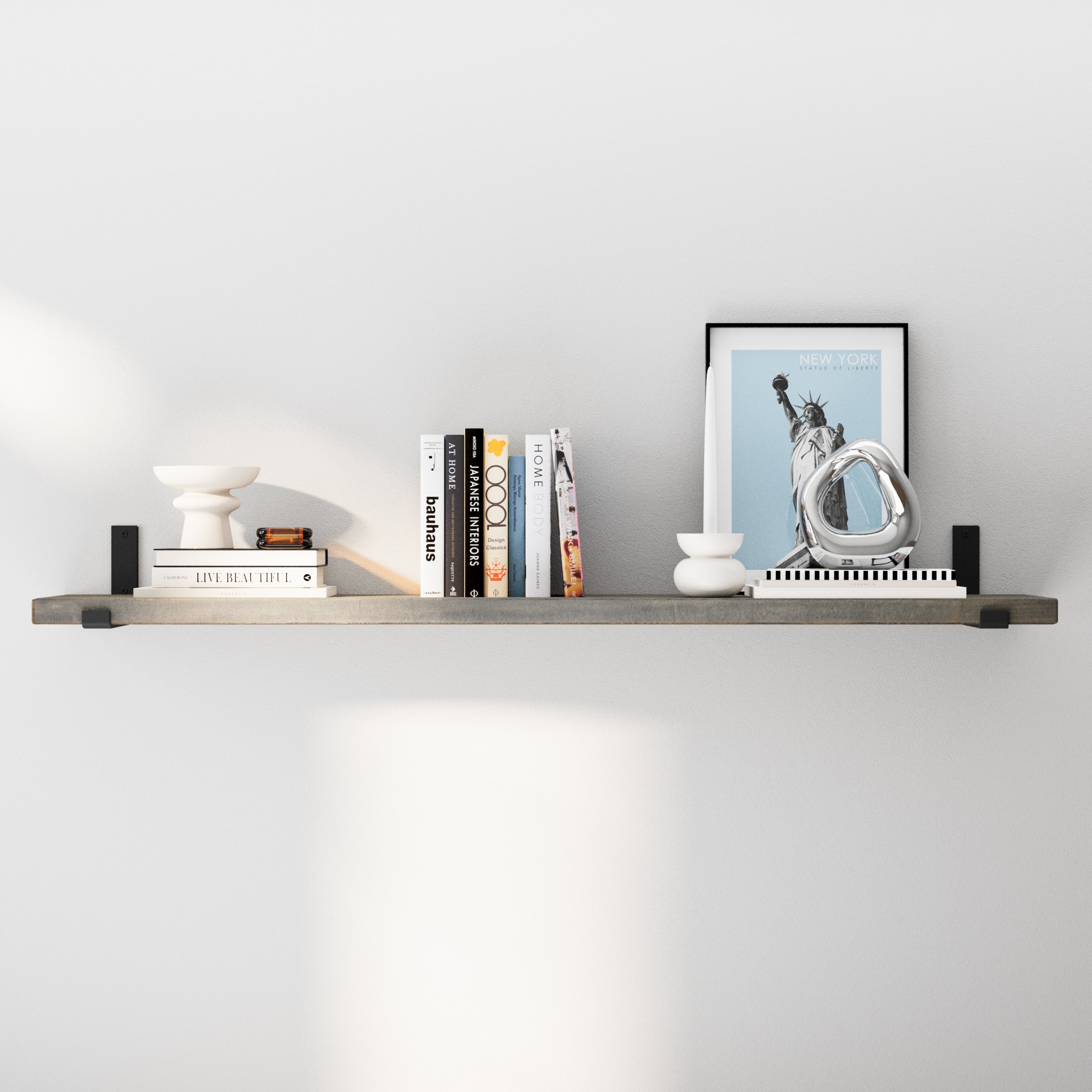 A hanging wall shelf in a rich gray finish, exuding sophistication and elegance, making it a perfect fit for industrial and urban interior styles.