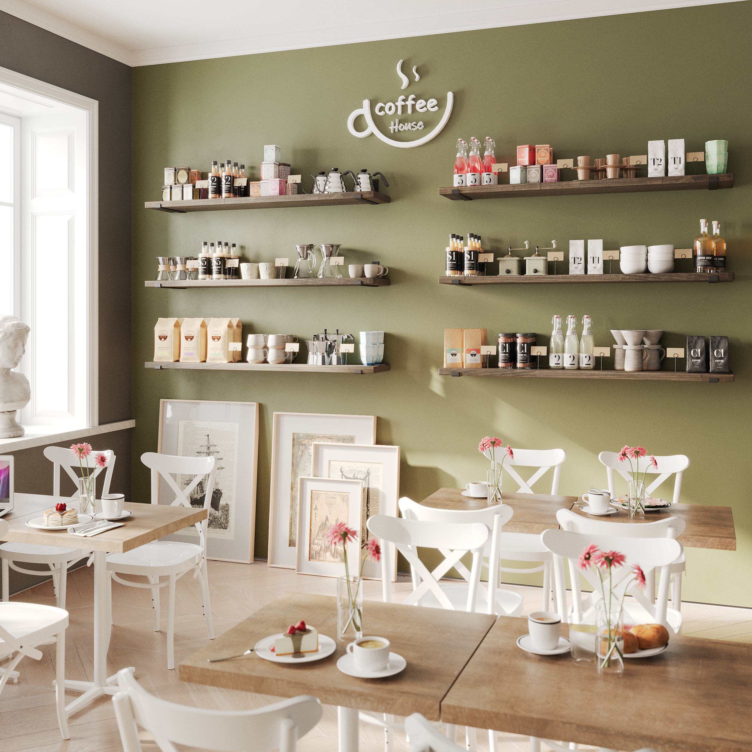 A cozy coffee house with a green accent wall featuring long bar shelves in walnut finish displaying coffee goods, mugs, and decor. White wooden chairs and tables with fresh flowers create a warm, inviting atmosphere with natural light streaming in.