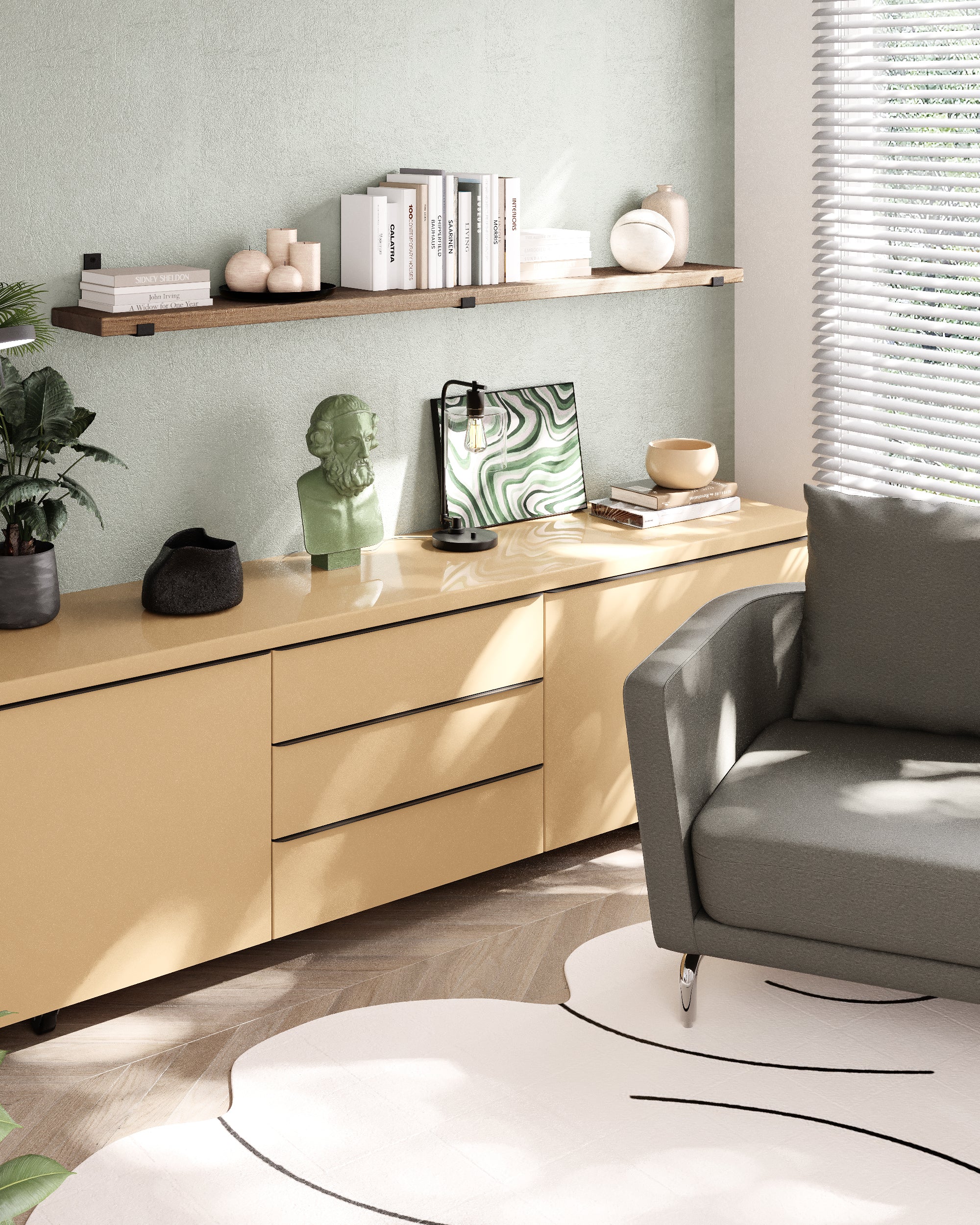 A farmhouse shelf in rich provincial finish runs above a sideboard in a sunny reading nook. Styled with white books and ceramics, it’s a clean, organized storage option that blends into a warm, modern space.