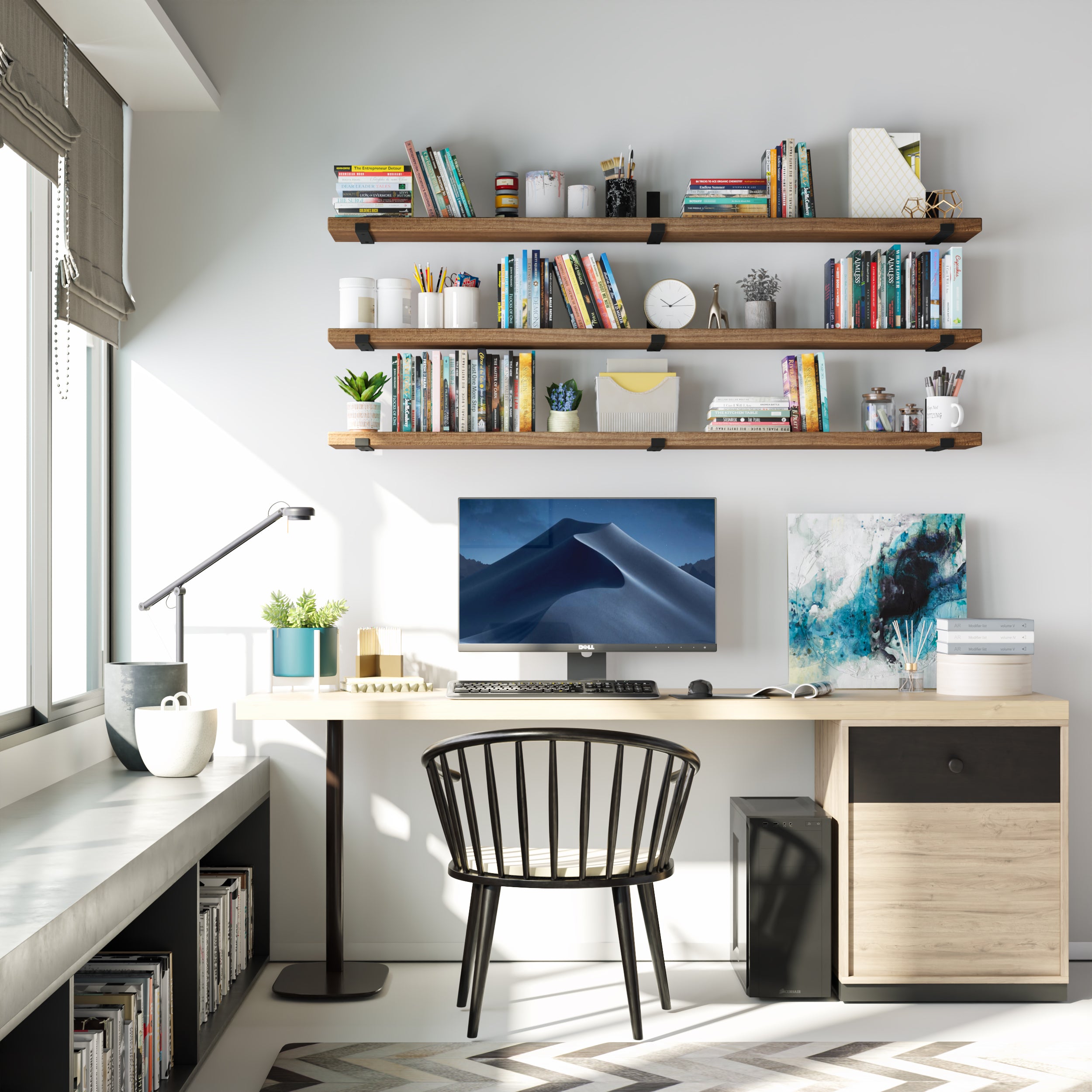An inspiring workspace with three Provincial floating shelves above a desk. Display books, candles, stationery, and décor with ease—ideal for both function and style in any home office.