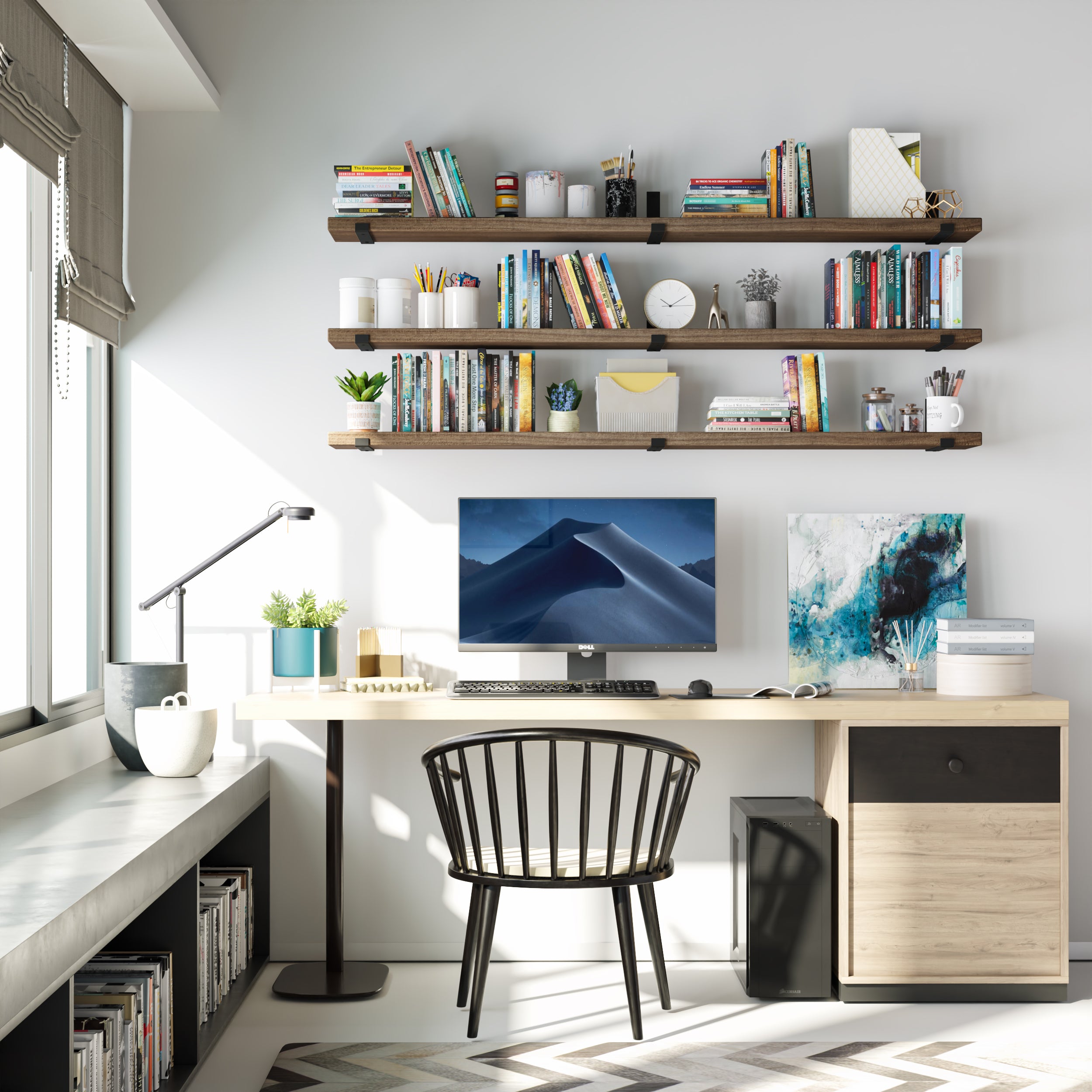 Triple Dark Walnut office shelves hold a colorful array of books and office essentials above a modern desk, enhancing a creative, organized, and stylish workspace filled with daylight.