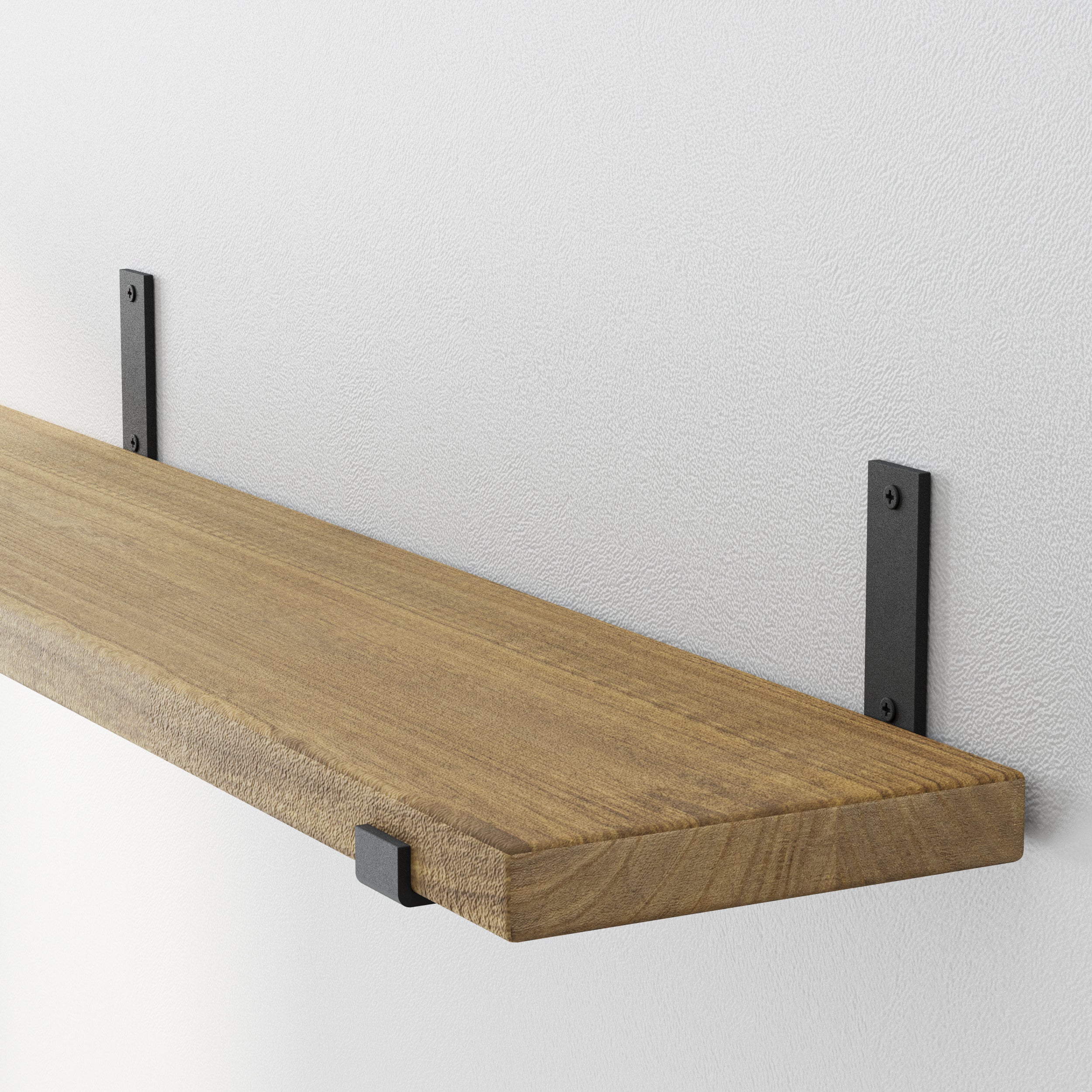 Wall mountedshelf in a rich golden oak finish showing textured solid wood and industrial-style black metal brackets—designed for strength and style.